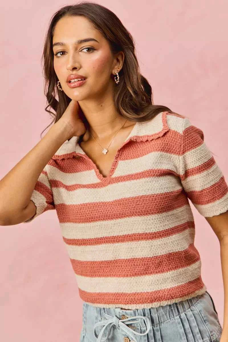 SO ME Stripe Short Sleeve Cropped Sweater SO ME Stripe Short Sleeve Cropped Sweater