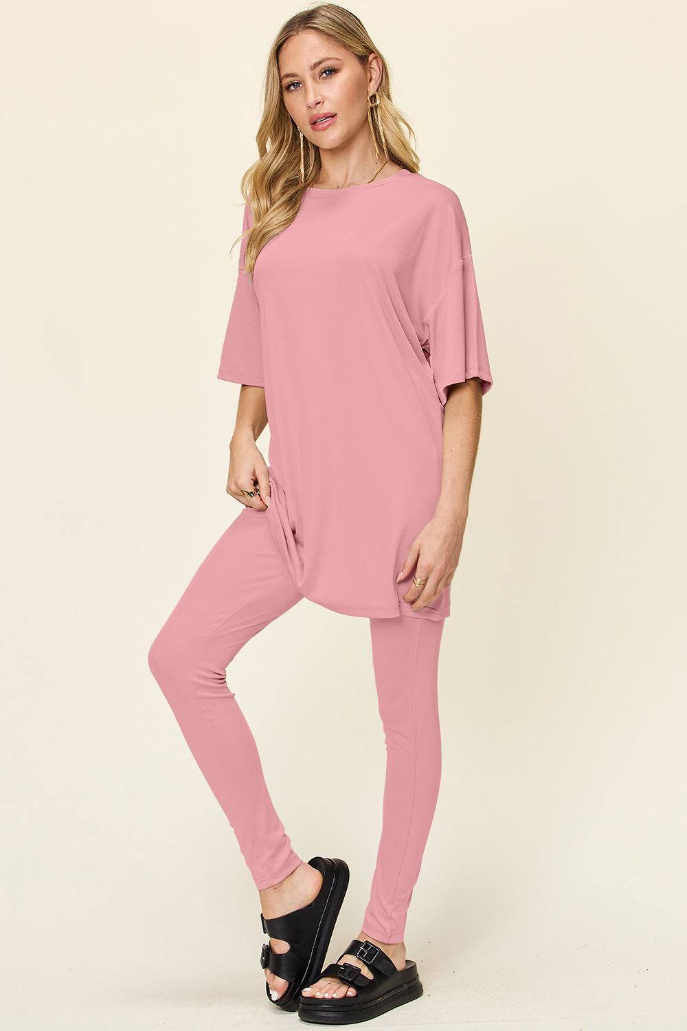 Double Take Full Size Round Neck Dropped Shoulder T-Shirt and Leggings Set Double Take Full Size Round Neck Dropped Shoulder T-Shirt and Leggings Set