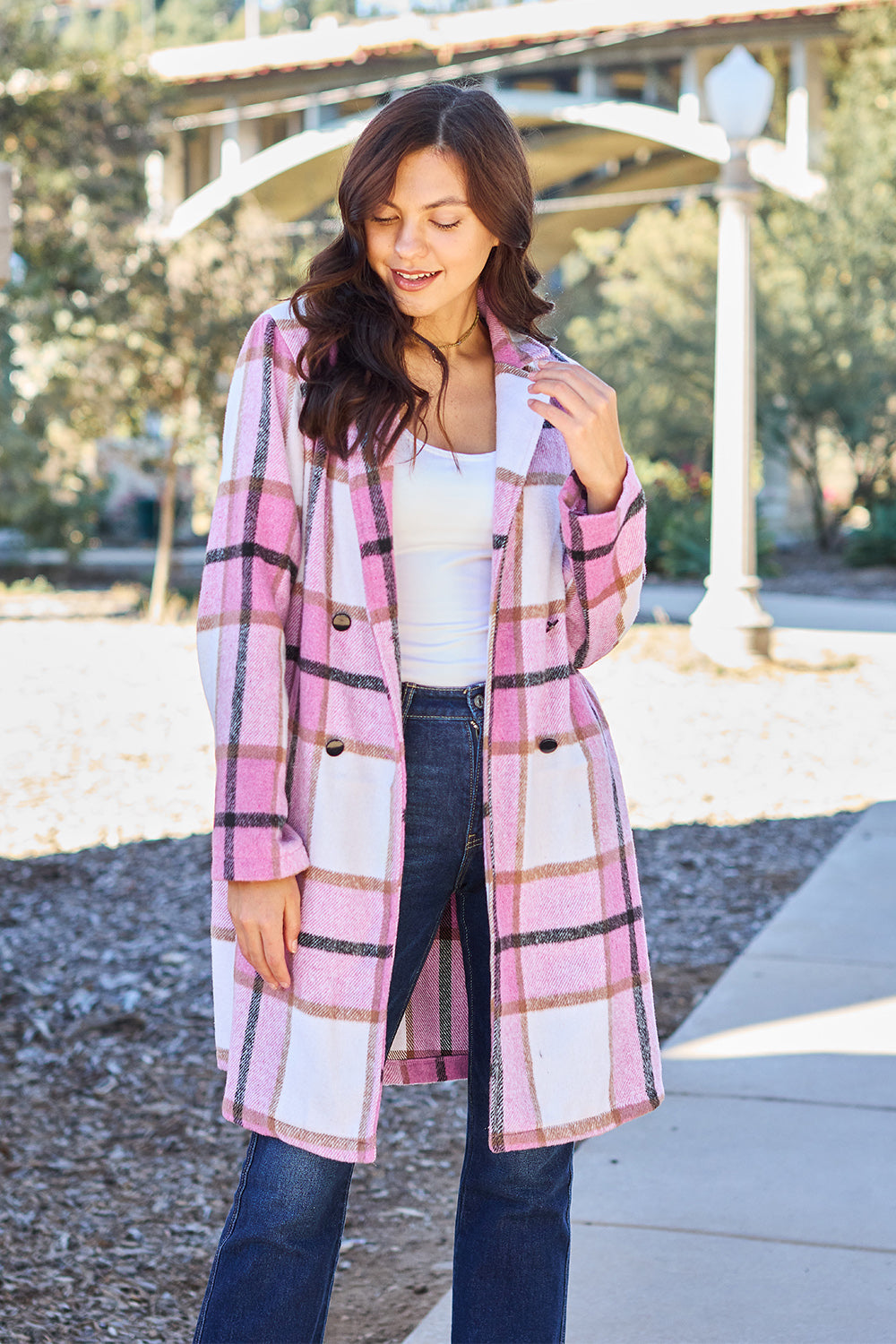 Double Take Full Size Plaid Button Up Lapel Collar Coat Double Take Full Size Plaid Button Up Lapel Collar Coat - TopFashionHQ