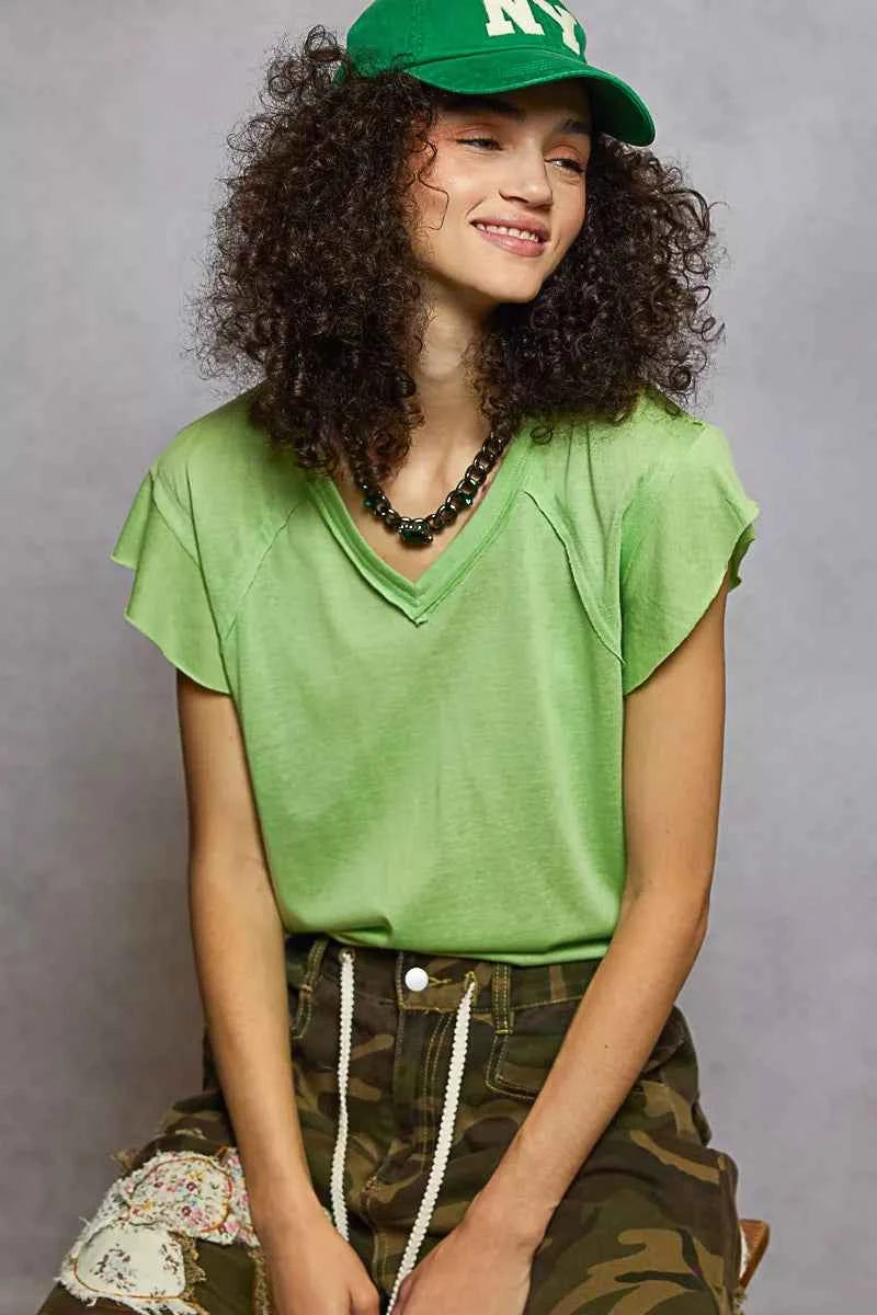 POL V-Neck Short Sleeve T-Shirt with Ruffle Sleeve POL V-Neck Short Sleeve T-Shirt with Ruffle Sleeve