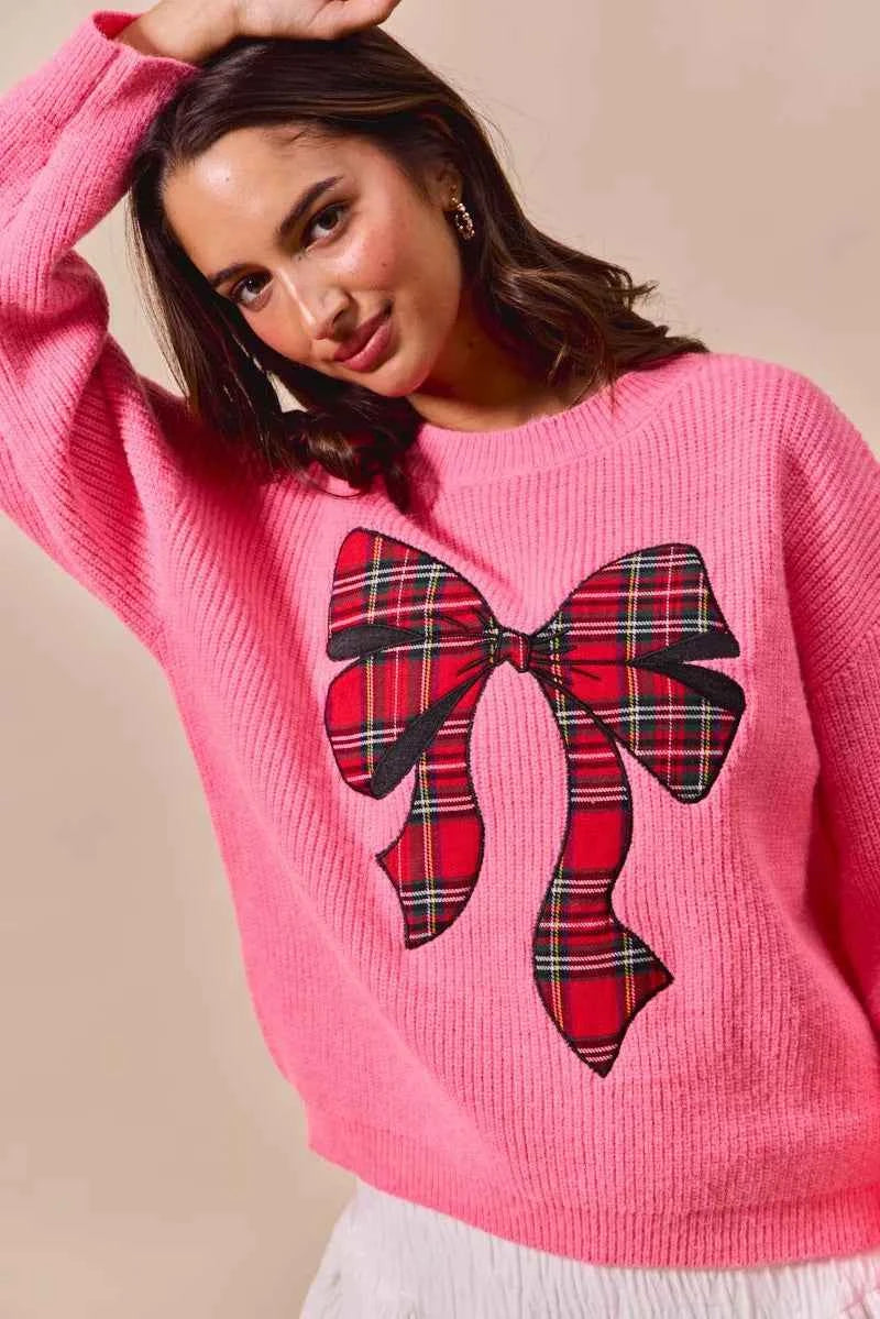 SO ME Checker Plaid Ribbon Christmas Holiday Sweater SO ME Checker Plaid Ribbon Christmas Holiday Sweater