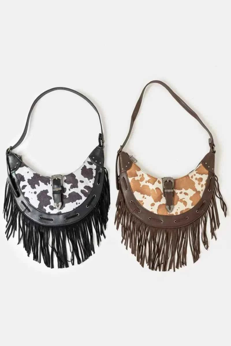 Fame Cow Print Faux Leather Fringe Hobo Bag Fame Cow Print Faux Leather Fringe Hobo Bag