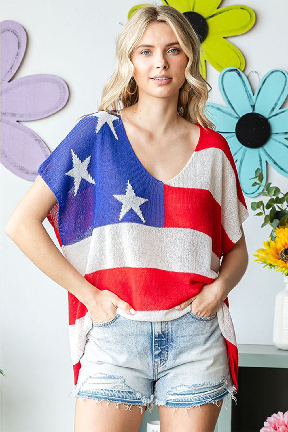 First Love Full Size USA Flag Drop Shoulder Knit Top First Love Full Size USA Flag Drop Shoulder Knit Top - TopFashionHQ