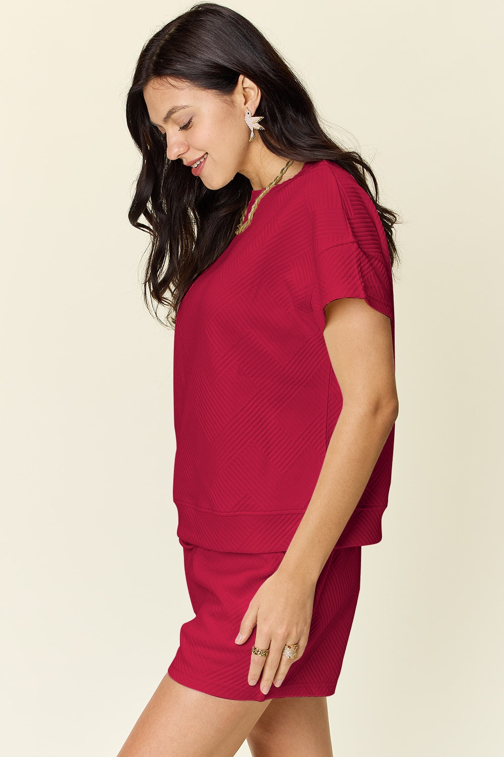 Double Take Full Size Texture Short Sleeve T-Shirt and Drawstring Shorts Set Double Take Full Size Texture Short Sleeve T-Shirt and Drawstring Shorts Set