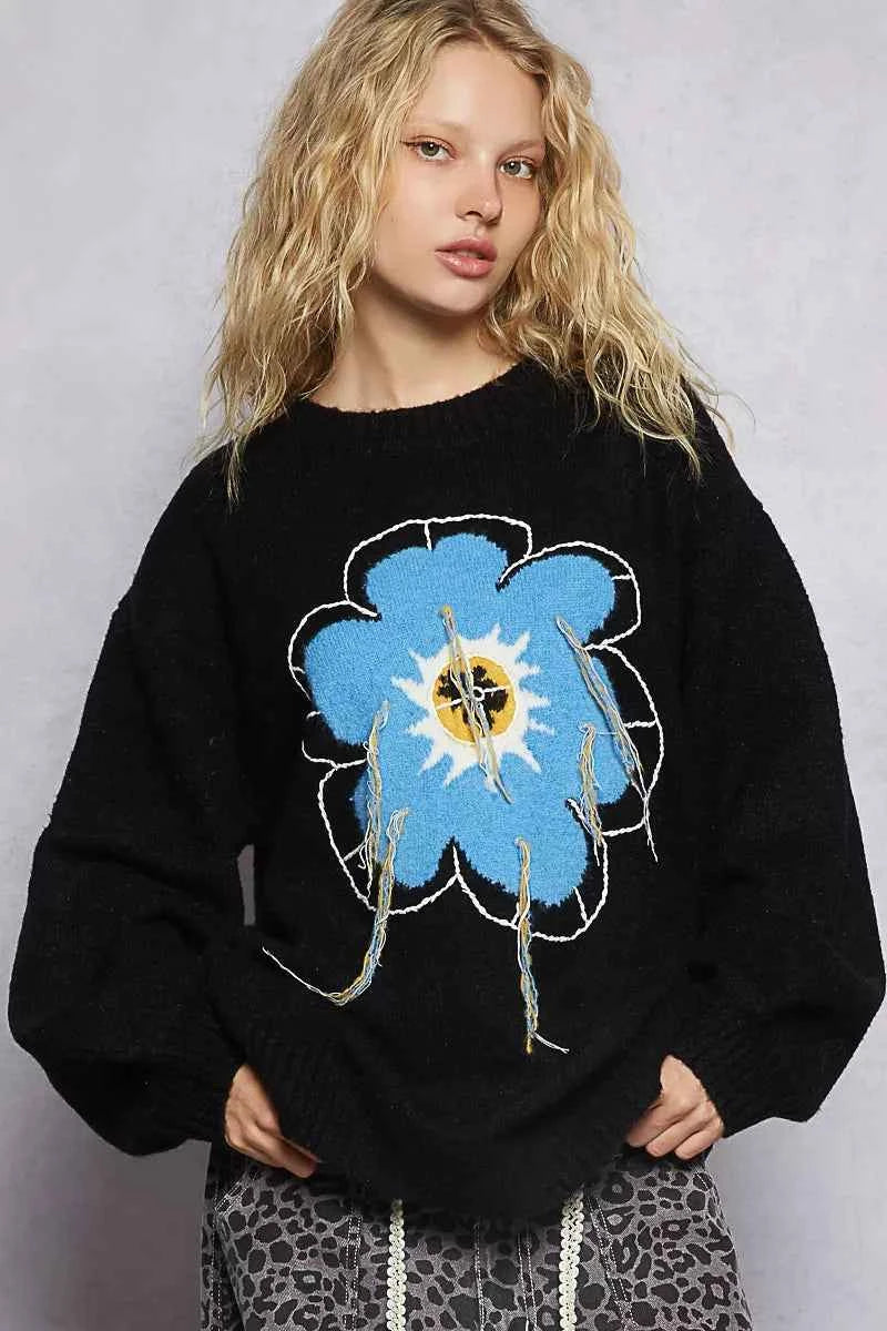 POL Floral Pattern Round Neck Sweater with Exposed Stitching POL Floral Pattern Round Neck Sweater with Exposed Stitching