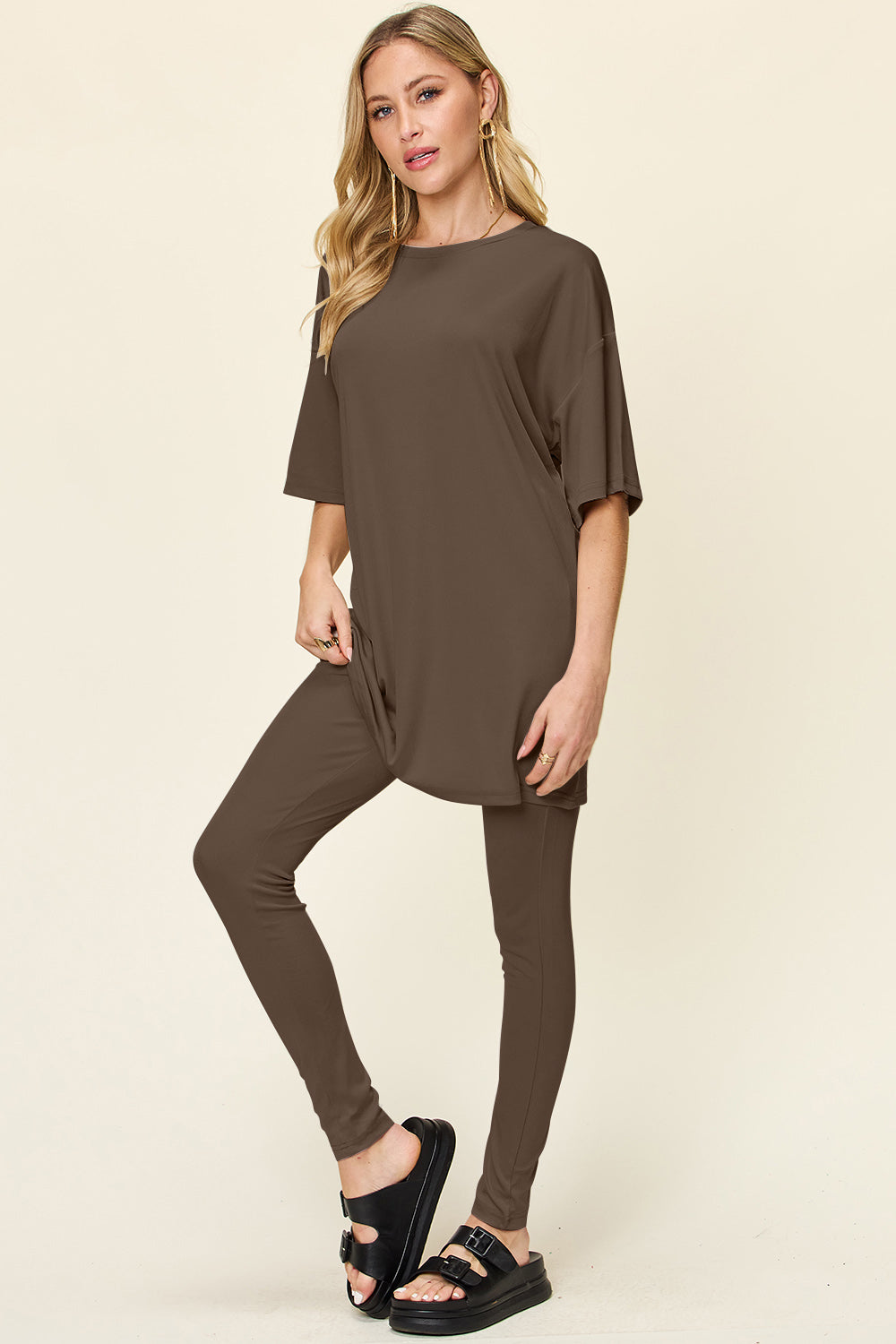 Double Take Full Size Round Neck Dropped Shoulder T-Shirt and Leggings Set Double Take Full Size Round Neck Dropped Shoulder T-Shirt and Leggings Set