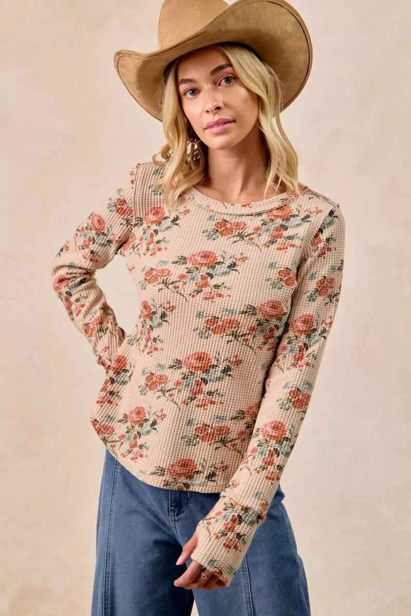 BiBi Floral Print Washed Waffle Thermal Top with Thumb BiBi Floral Print Washed Waffle Thermal Top with Thumb