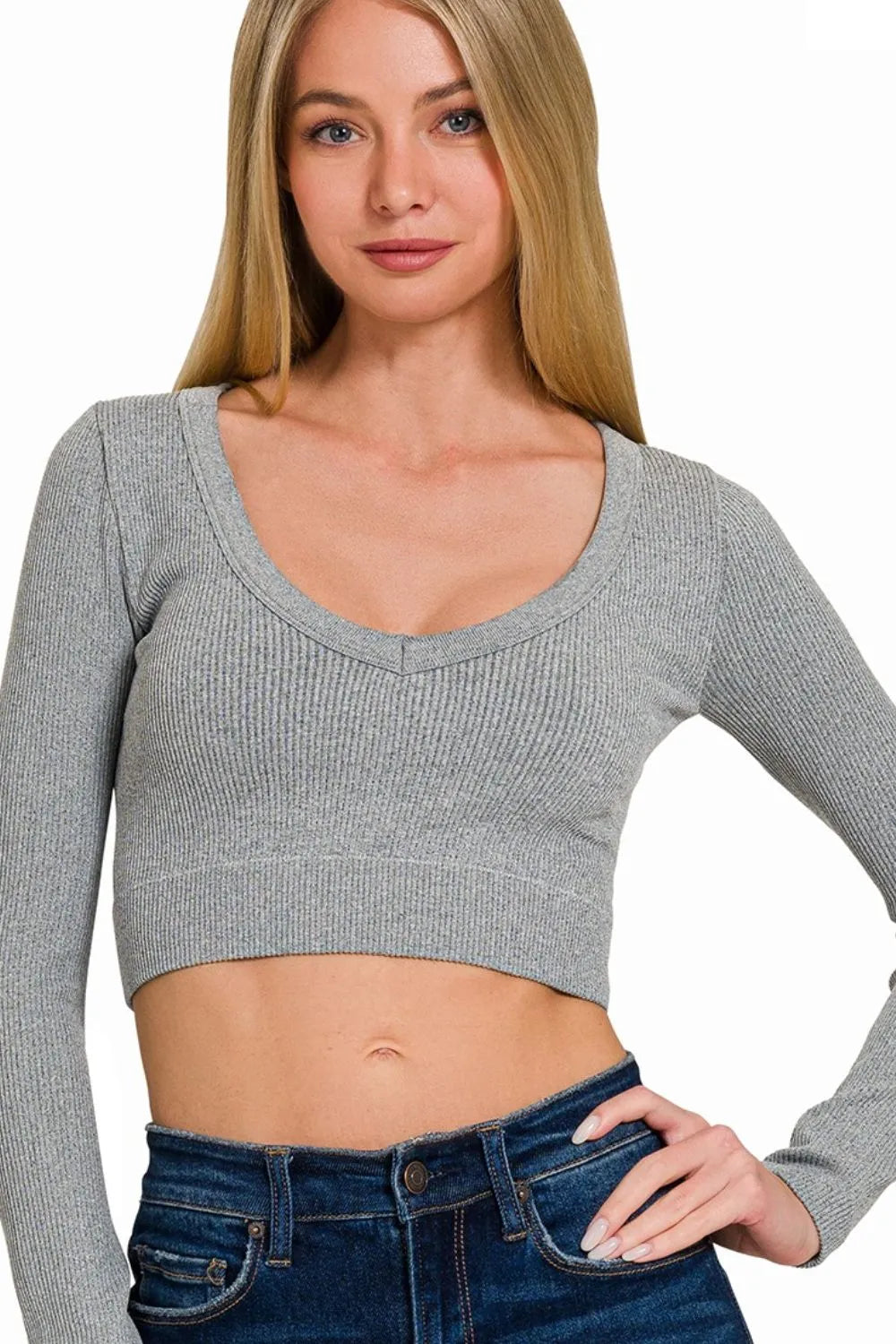 Zenana Seamless Fitted Rib V-neck Long Sleeve Crop Top cf11cf69-b30e-4702-b4c8-4d03e4990369-Max-Origin
