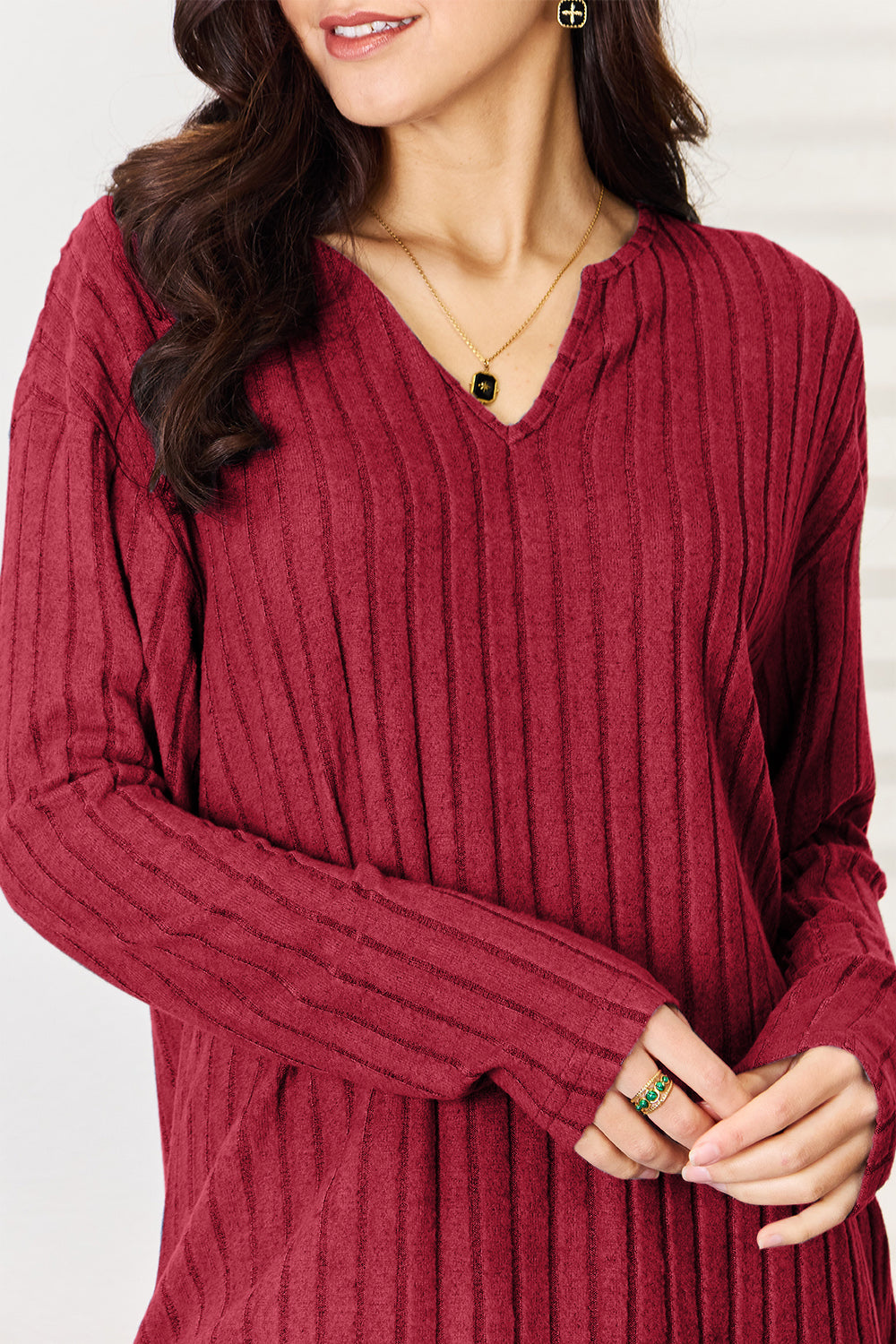 Basic Bae Full Size Notched Long Sleeve Top and Pants Set Basic Bae Full Size Notched Long Sleeve Top and Pants Set - TopFashionHQ