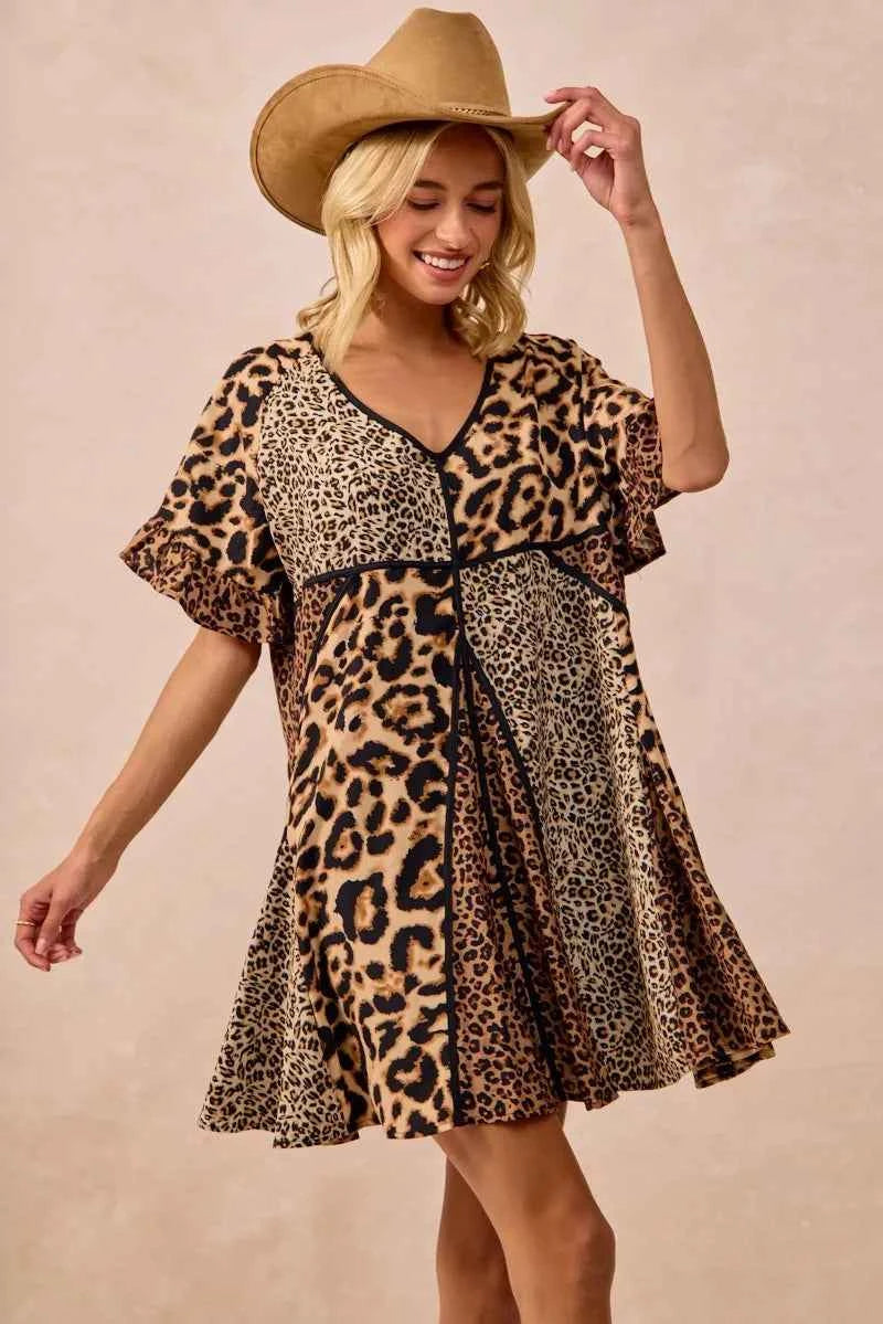 BiBi Leopard Prints Mix and Match Short Sleeves Dress BiBi Leopard Prints Mix and Match Short Sleeves Dress
