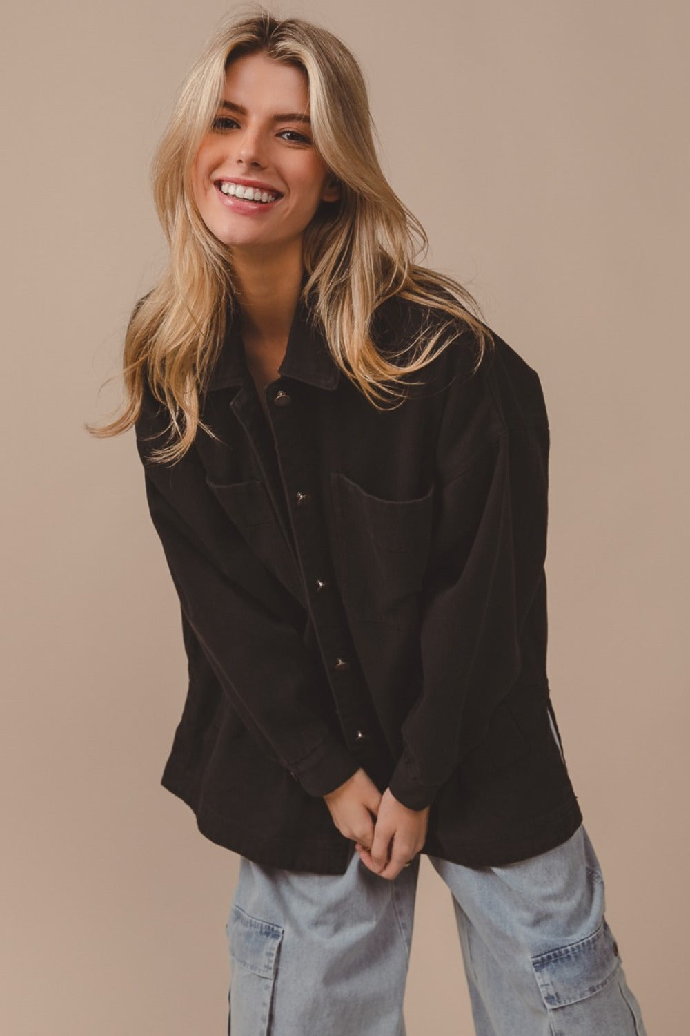 BiBi Button Up Washed Jacket with Pockets BiBi Button Up Washed Jacket with Pockets