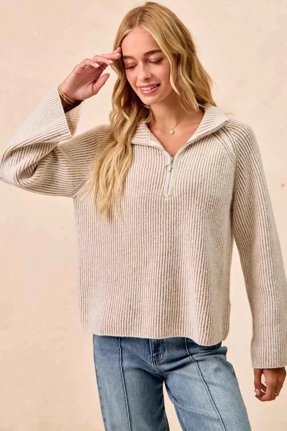 BiBi Two Tone Rib Texured Knit Collared Top with Zip Up BiBi Two Tone Rib Texured Knit Collared Top with Zip Up