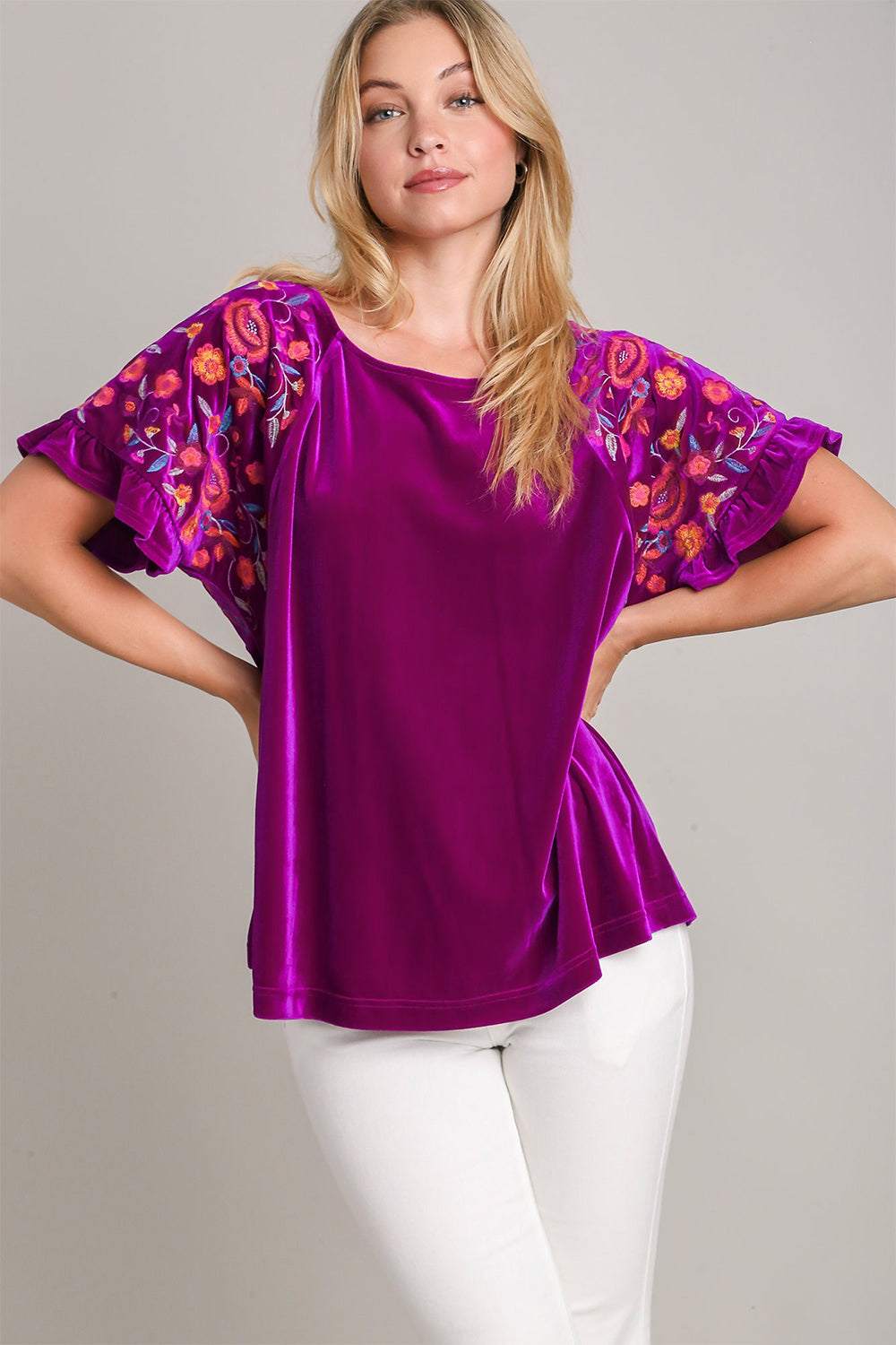 Umgee Full Size Velvet Embroidery Short Sleeve Blouse Umgee Full Size Velvet Embroidery Short Sleeve Blouse