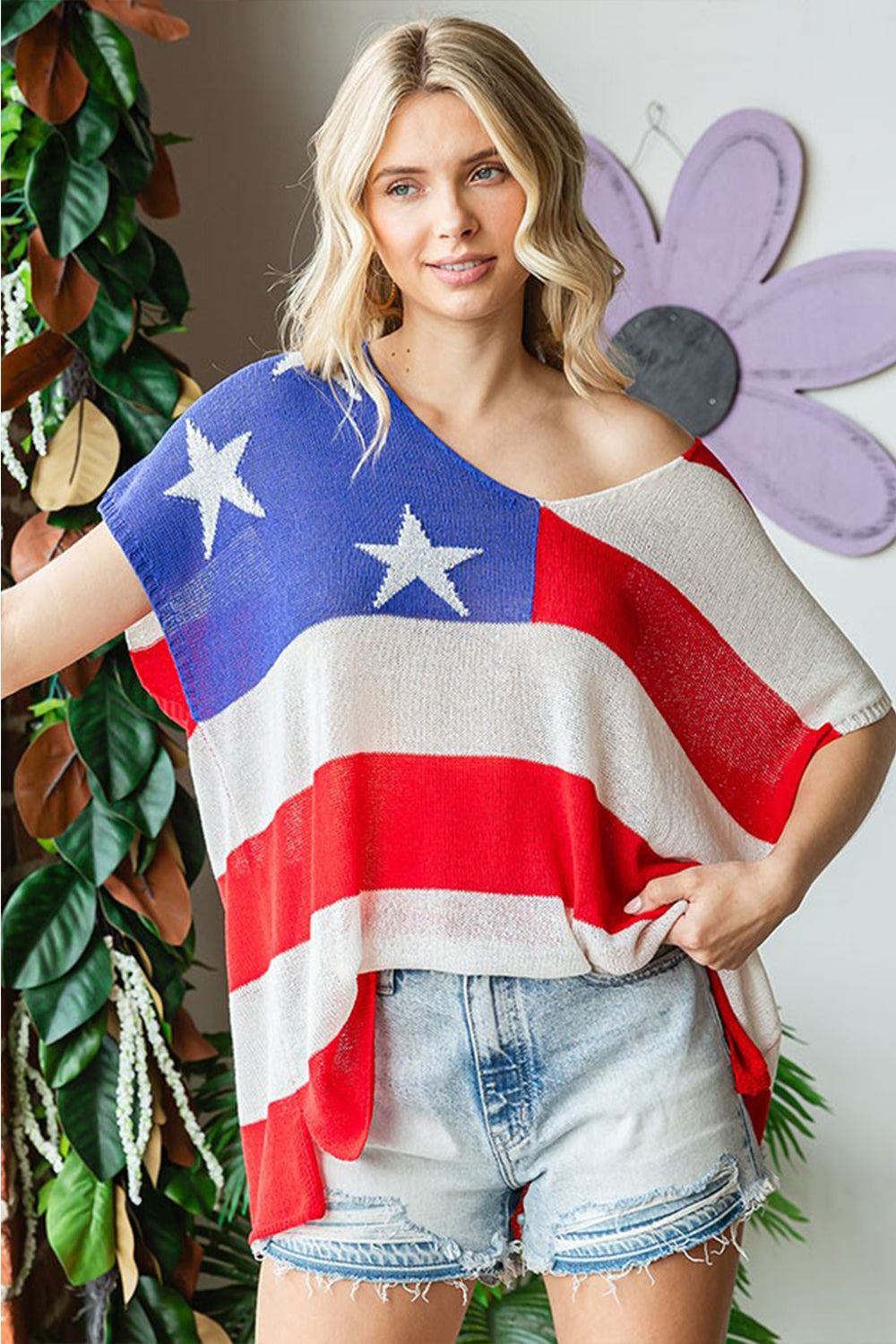 First Love Full Size USA Flag Drop Shoulder Knit Top First Love Full Size USA Flag Drop Shoulder Knit Top - TopFashionHQ
