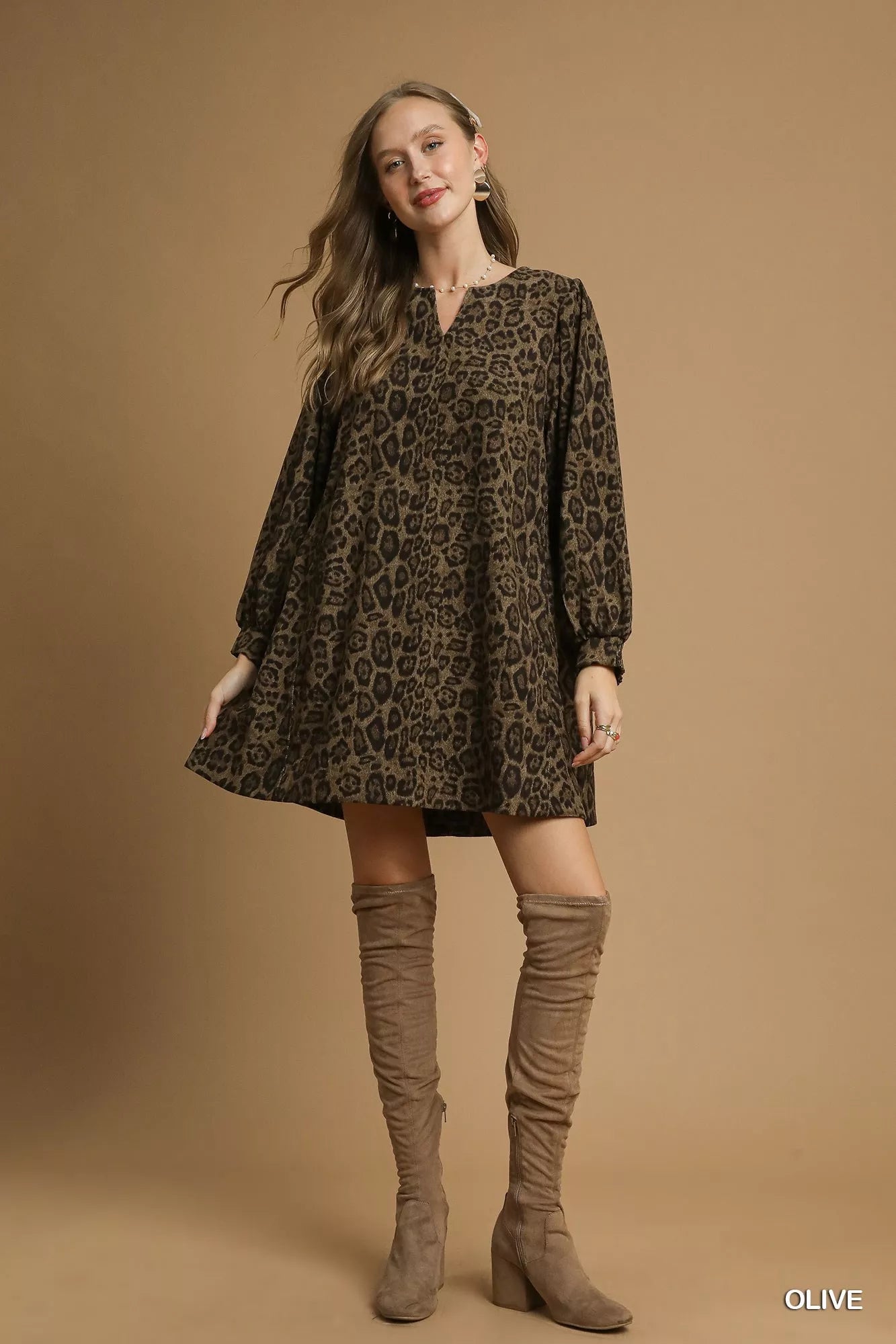 Umgee Leopard Print Long Sleeve Swing Dress d01c0bf1-a2bf-4bb3-850c-a0f0f05030d5-Max-Origin