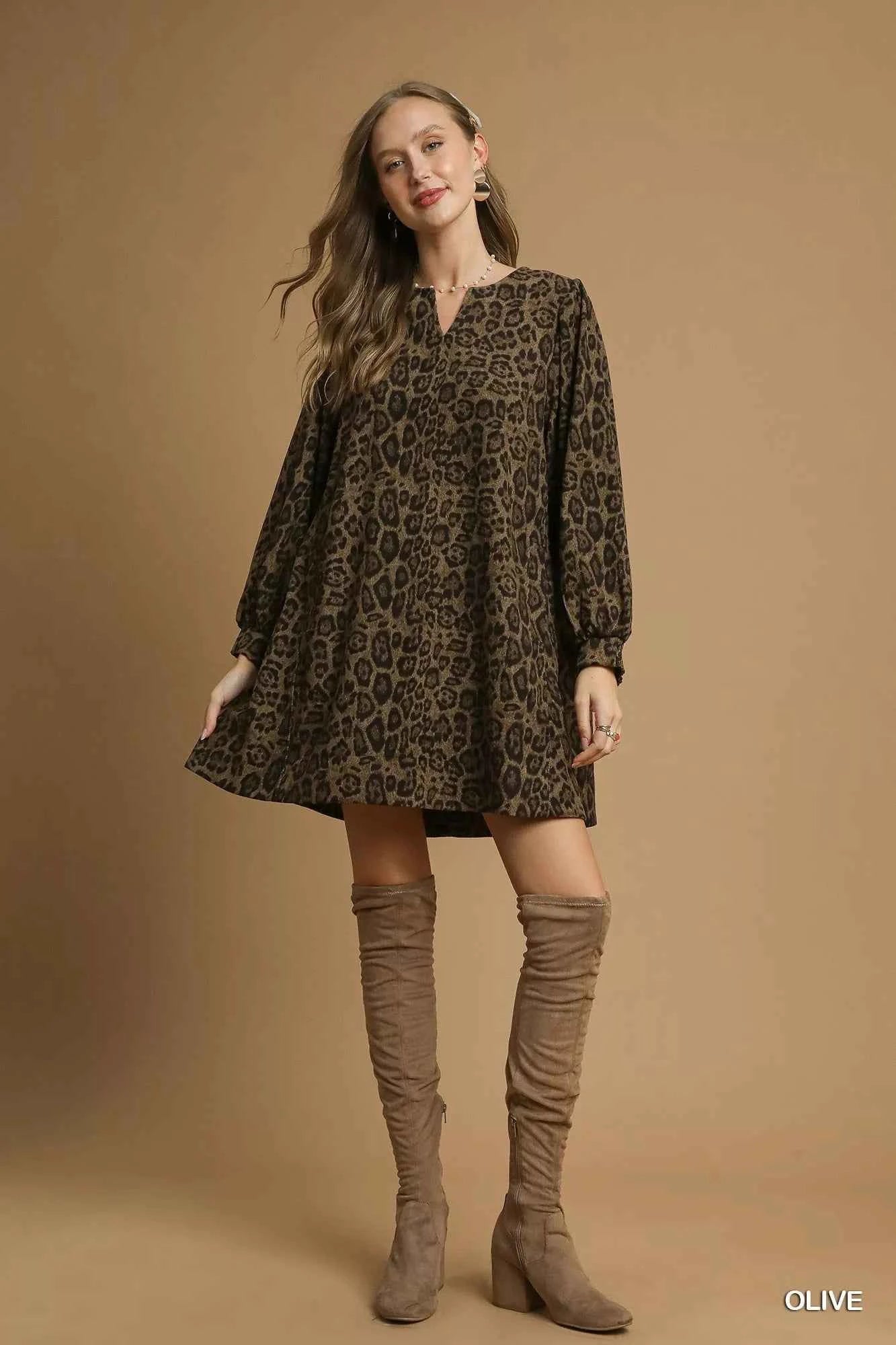 Umgee Leopard Print Long Sleeve Swing Dress Umgee Leopard Print Long Sleeve Swing Dress