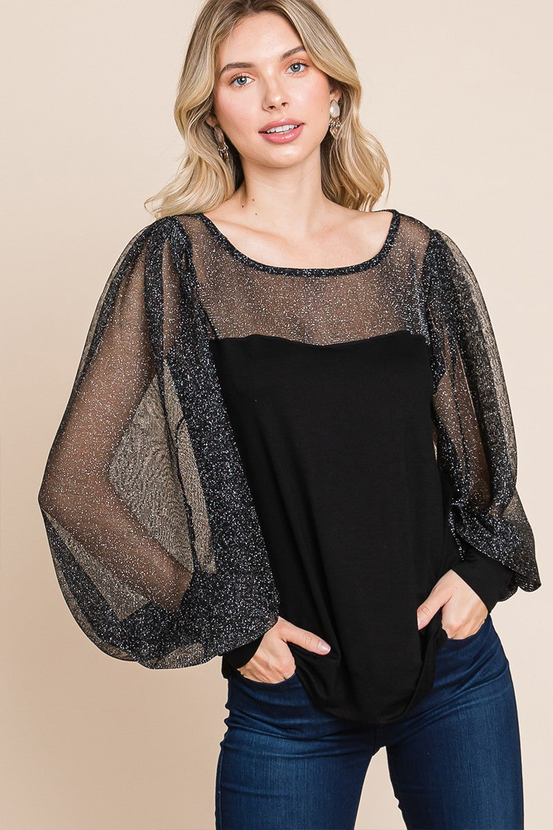 Super Lady Full Size Metallic Mesh Lantern Sleeve Blouse Super Lady Full Size Metallic Mesh Lantern Sleeve Blouse