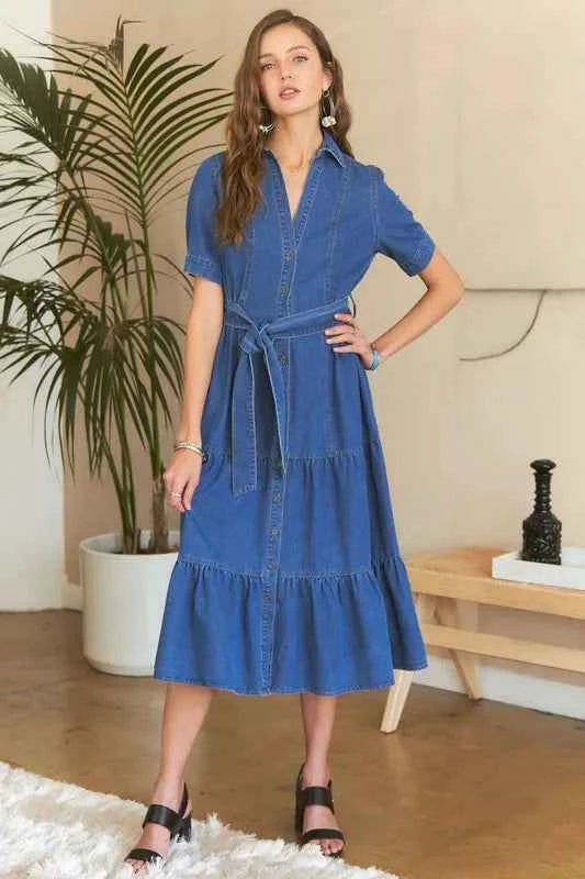 ADORA Tiered Button Down Tie Waist Short Sleeve Denim Dress ADORA Tiered Button Down Tie Waist Short Sleeve Denim Dress