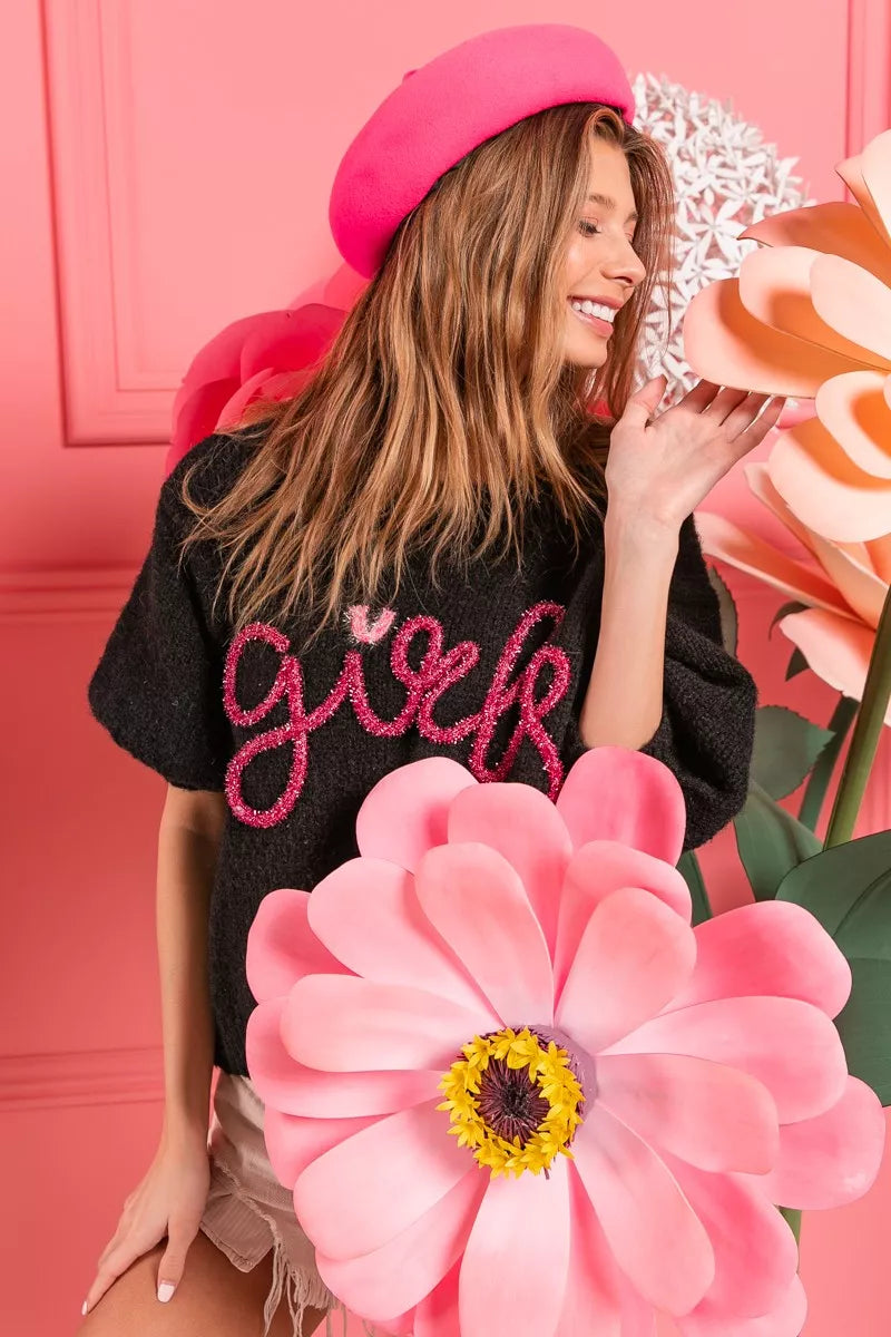 BiBi Metallic Letter Short Puff Sleeve Hairy Sweater d049e746-4c52-429c-a467-c9d14f1c67b8-Max-Origin