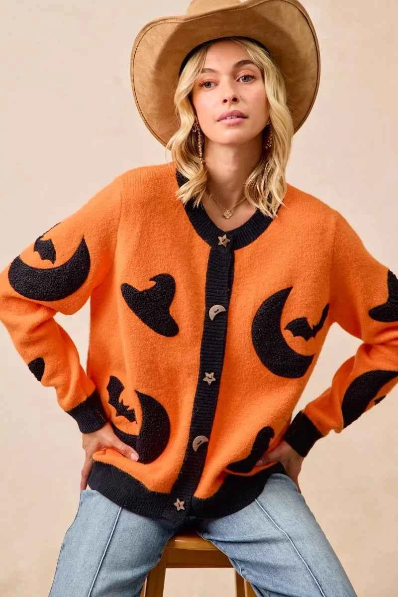 BiBi Halloween Witch Hat Moon Bat Artwork Cardigan BiBi Halloween Witch Hat Moon Bat Artwork Cardigan