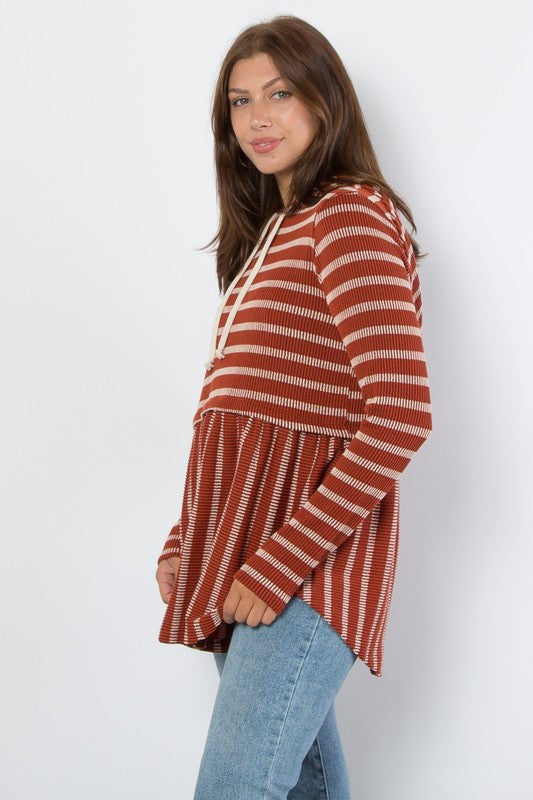 Be Stage Full Size Drawstring Striped Babydoll Hoodie Be Stage Full Size Drawstring Striped Babydoll Hoodie - TopFashionHQ