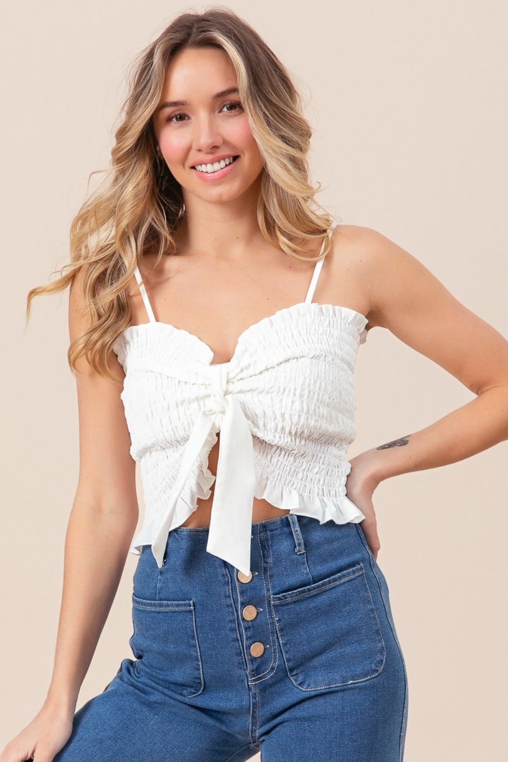 BiBi Ruffled Smocked Ribbon Detail Cami BiBi Ruffled Smocked Ribbon Detail Cami - TopFashionHQ