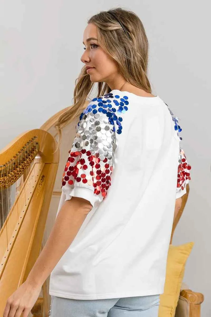 BiBi America Letter Applique Spangle Puff Sleeves Top BiBi America Letter Applique Spangle Puff Sleeves Top