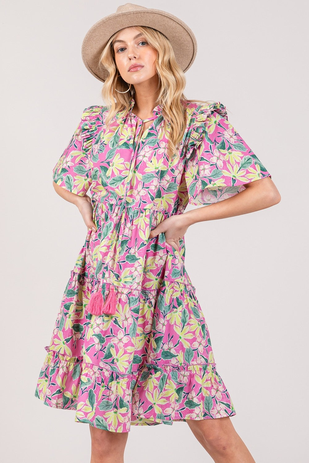 SAGE + FIG Floral Ruffle Short Sleeve Dress SAGE + FIG Floral Ruffle Short Sleeve Dress - TopFashionHQ