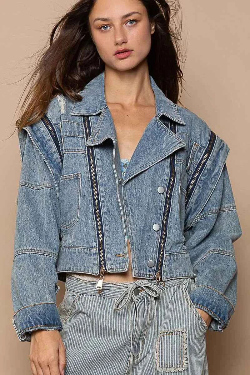 POL Cropped Denim Jacket with Functional Zipper Detail POL Cropped Denim Jacket with Functional Zipper Detail