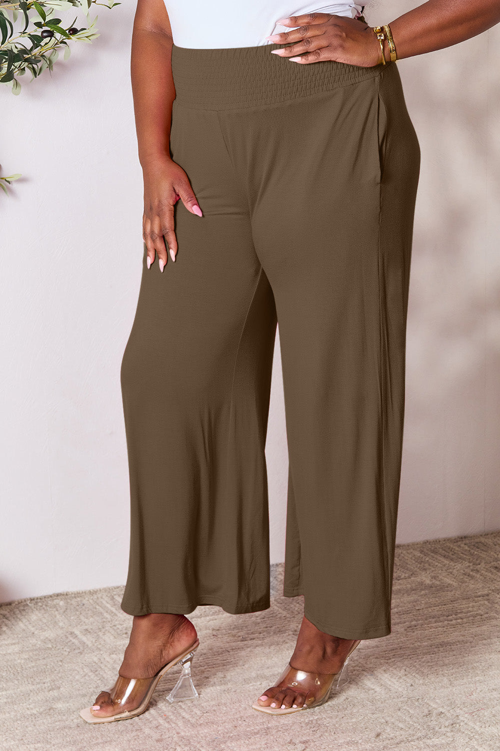 Double Take Full Size Smocked Wide Waistband Wide Leg Pants Double Take Full Size Smocked Wide Waistband Wide Leg Pants - TopFashionHQ