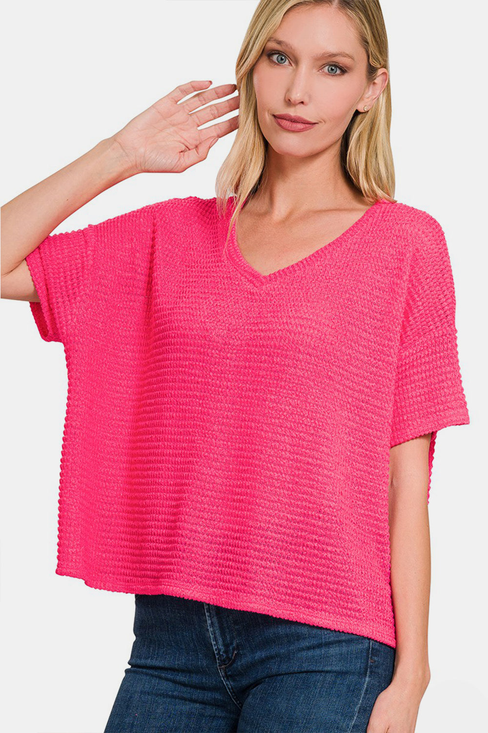 Zenana Drop Shoulder Short Sleeve Jacquard Knit Top Zenana Drop Shoulder Short Sleeve Jacquard Knit Top - TopFashionHQ