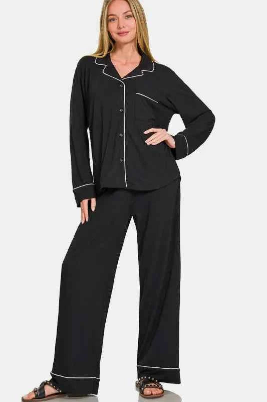 Zenana Button Down Long Sleeve Top and Pants Lounge Set Zenana Button Down Long Sleeve Top and Pants Lounge Set