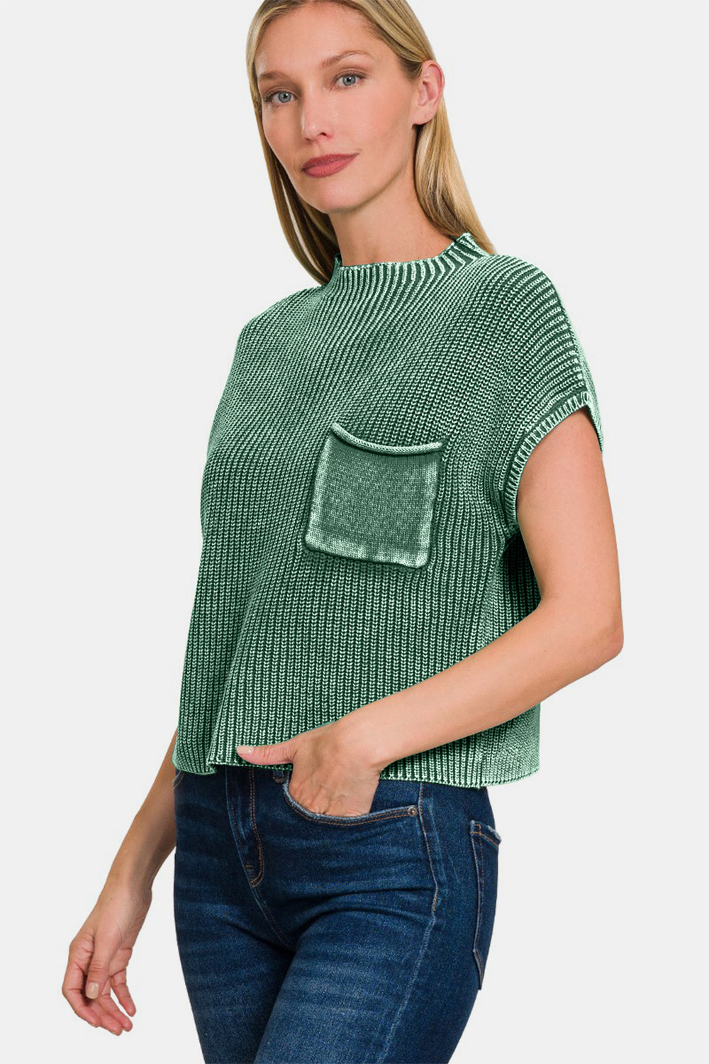 Zenana Washed Mock Neck Short Sleeve Cropped Sweater Zenana Washed Mock Neck Short Sleeve Cropped Sweater - TopFashionHQ