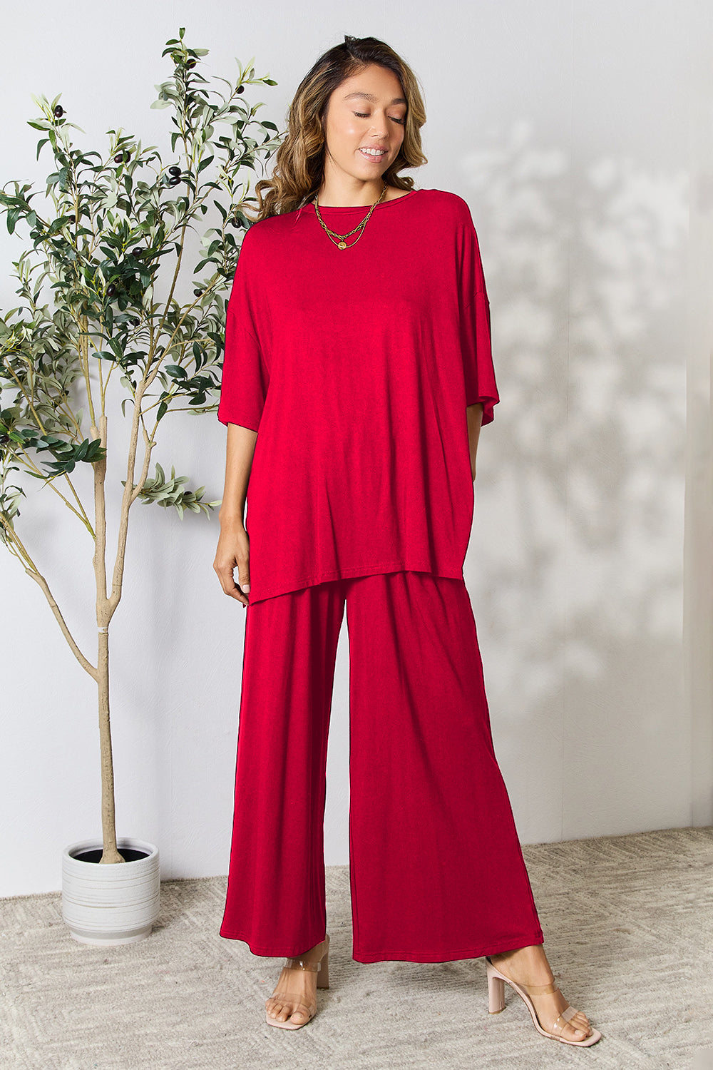 Double Take Full Size Round Neck Slit Top and Pants Set Double Take Full Size Round Neck Slit Top and Pants Set - TopFashionHQ