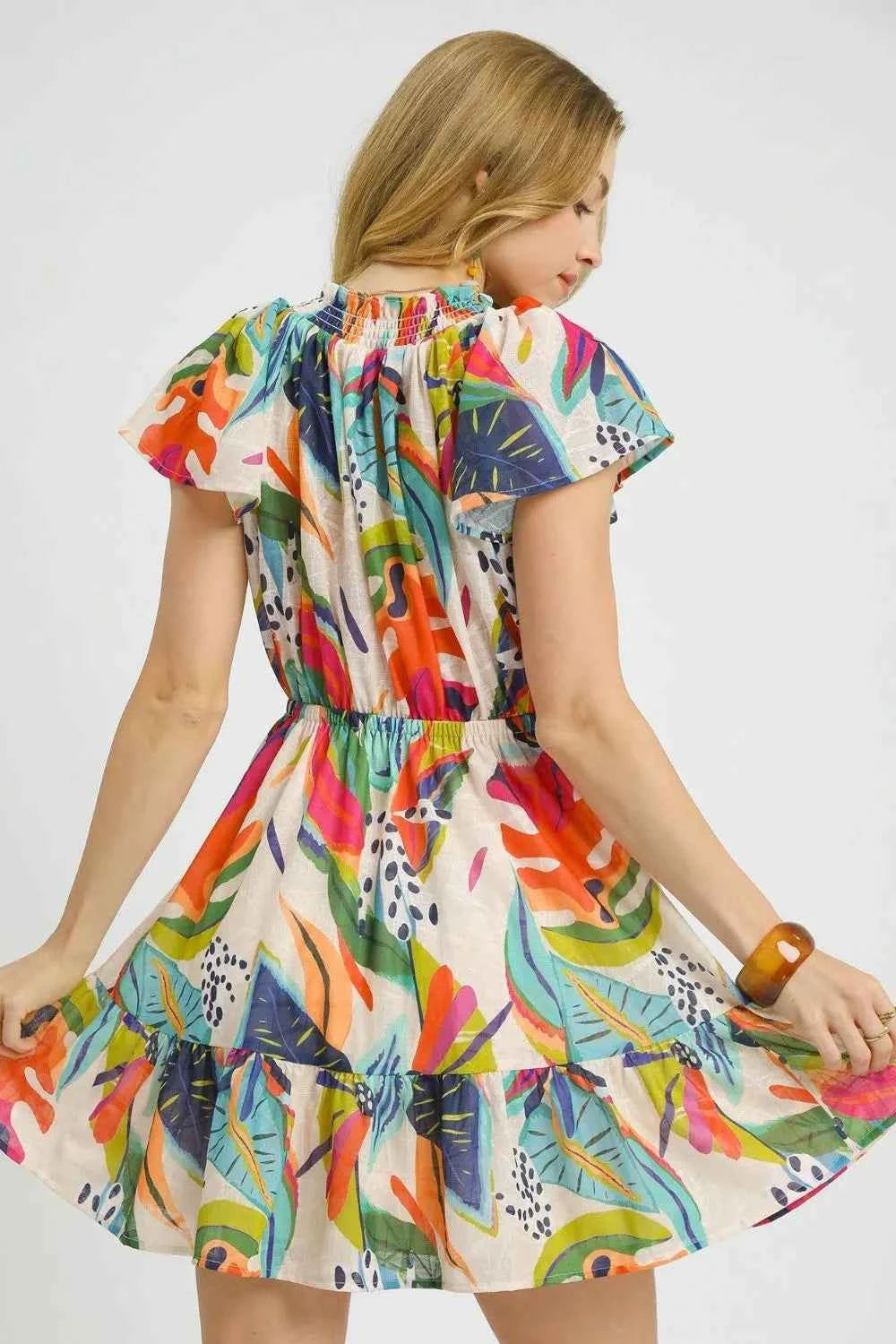 Umgee Printed Tie Neck Ruffled Hem Dress Umgee Printed Tie Neck Ruffled Hem Dress
