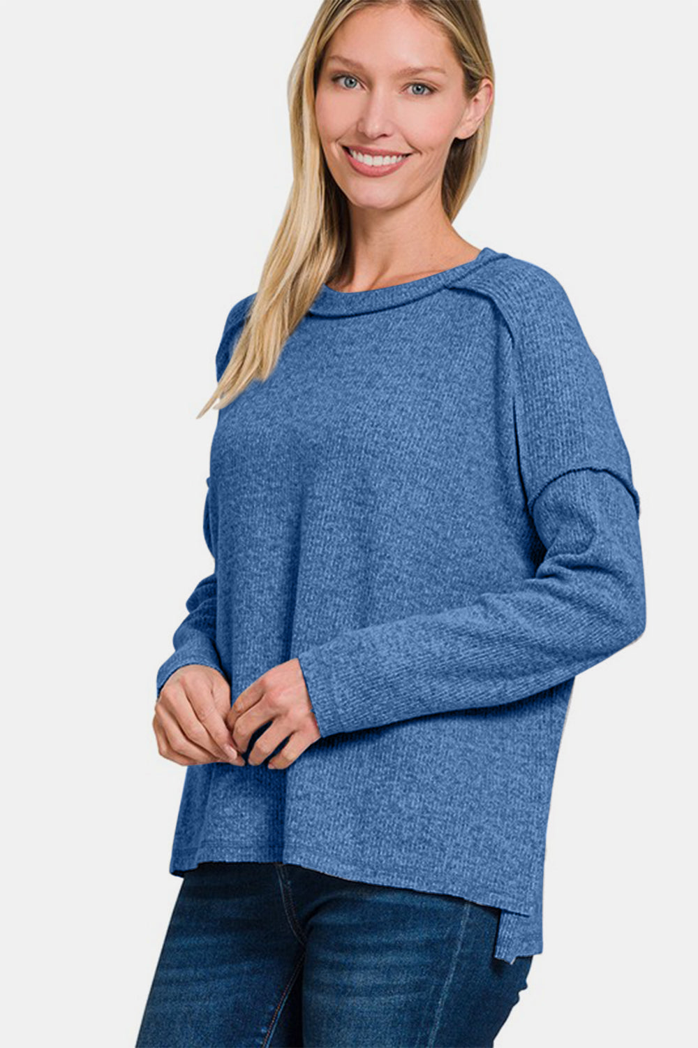 Zenana Full Size Exposed Seam Brushed Round Neck Sweater Zenana Full Size Exposed Seam Brushed Round Neck Sweater - TopFashionHQ