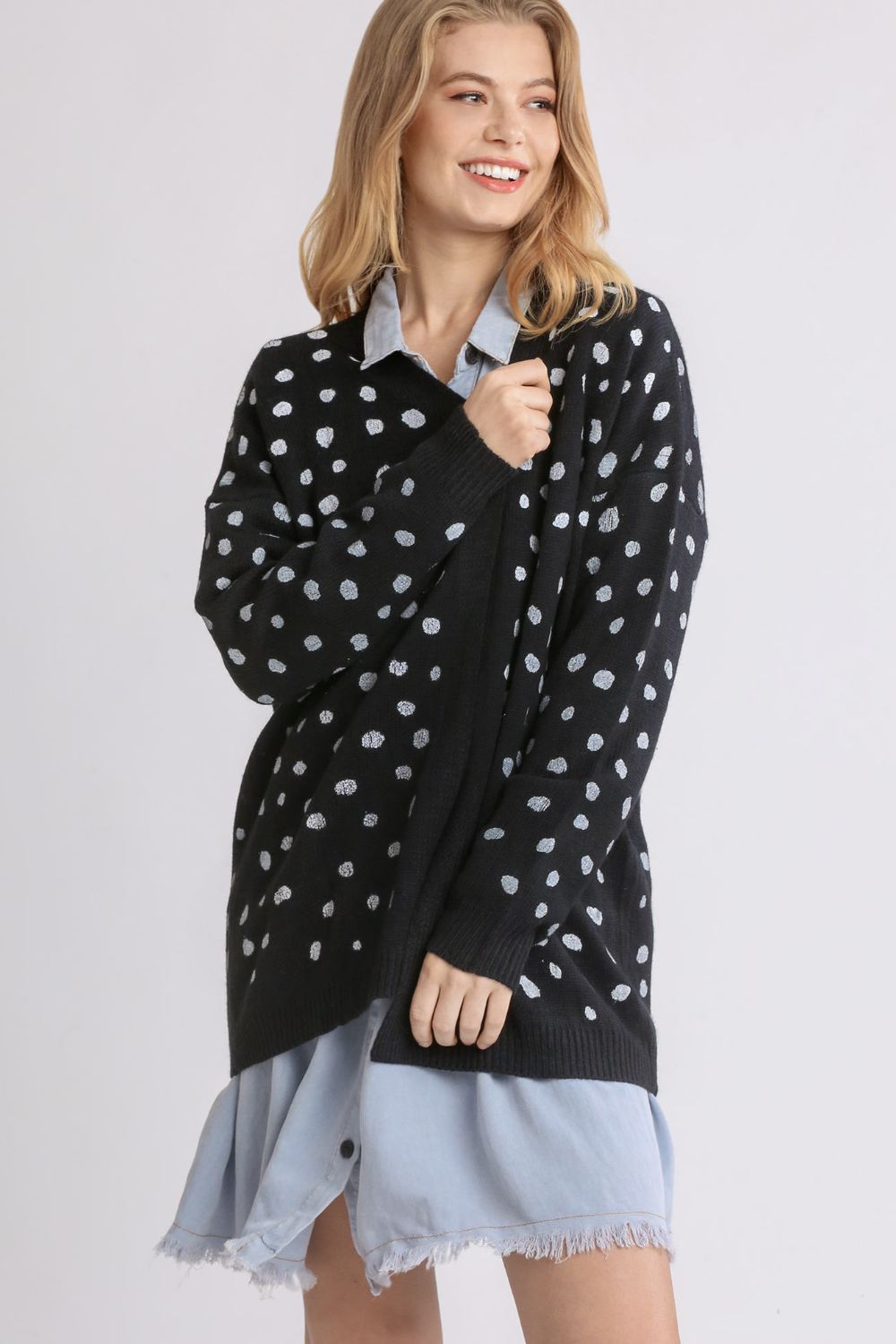 Umgee Polka Dot Open Front Drop Shoulder Cardigan Umgee Polka Dot Open Front Drop Shoulder Cardigan - TopFashionHQ