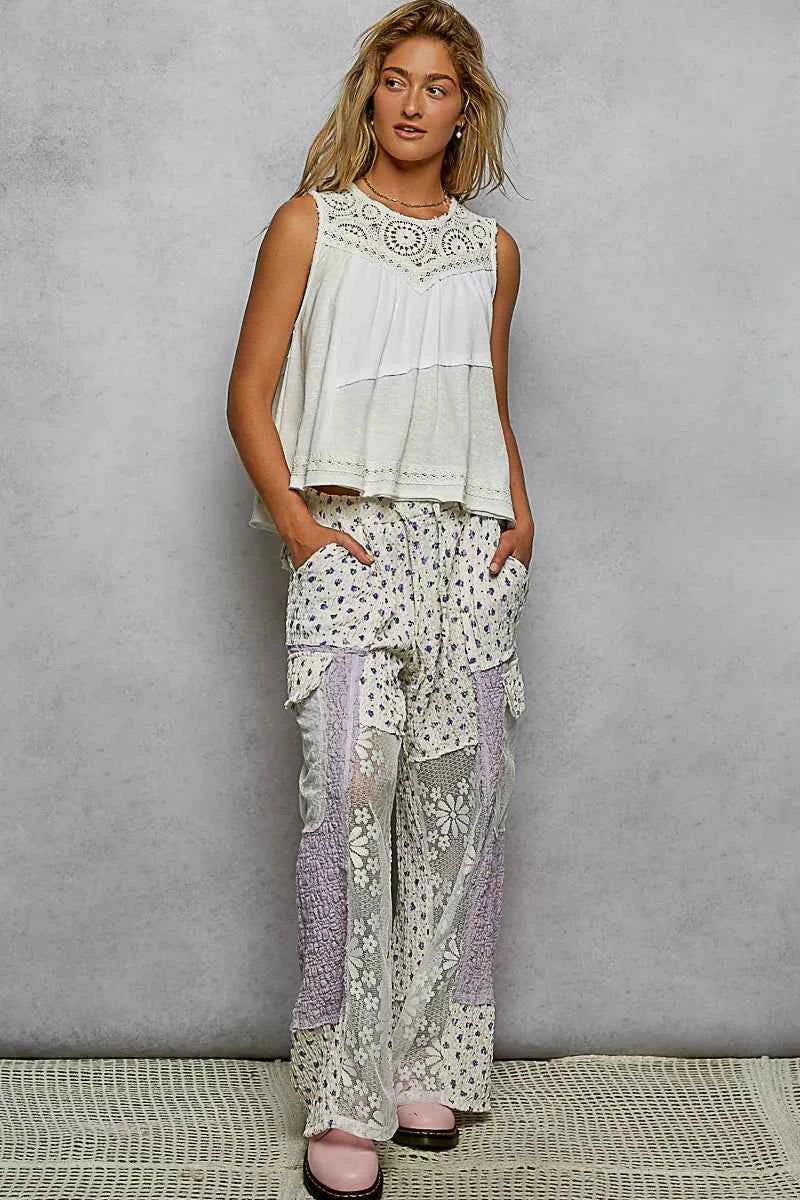 POL Round Neck Sleeveless Top with Crochet Contrast POL Round Neck Sleeveless Top with Crochet Contrast