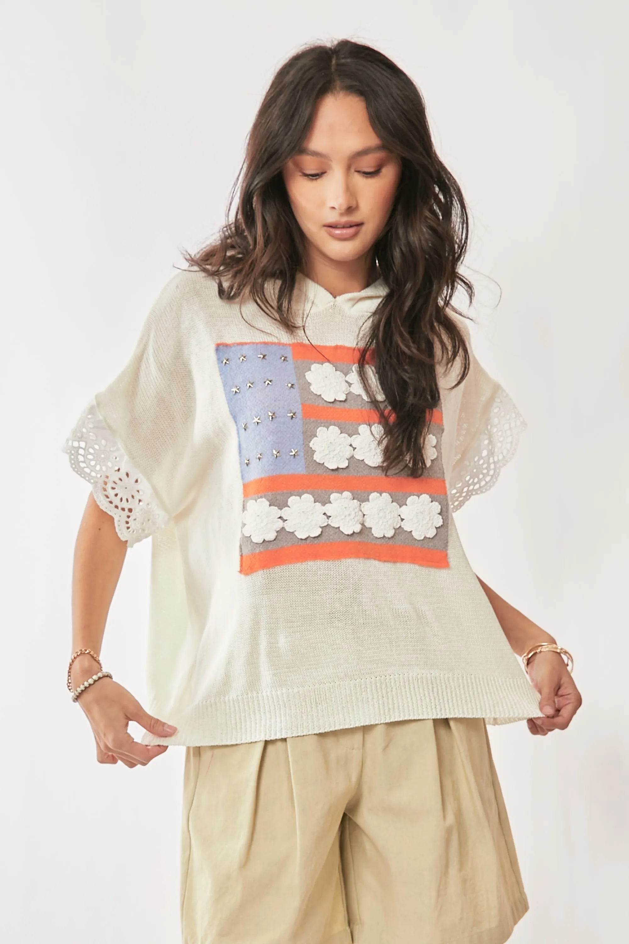 Davi & Dani American Flag Loose Fit Lace Sleeve Hoodie Top d1564b46b91f4bc68b47a78771787406-Max-Origin