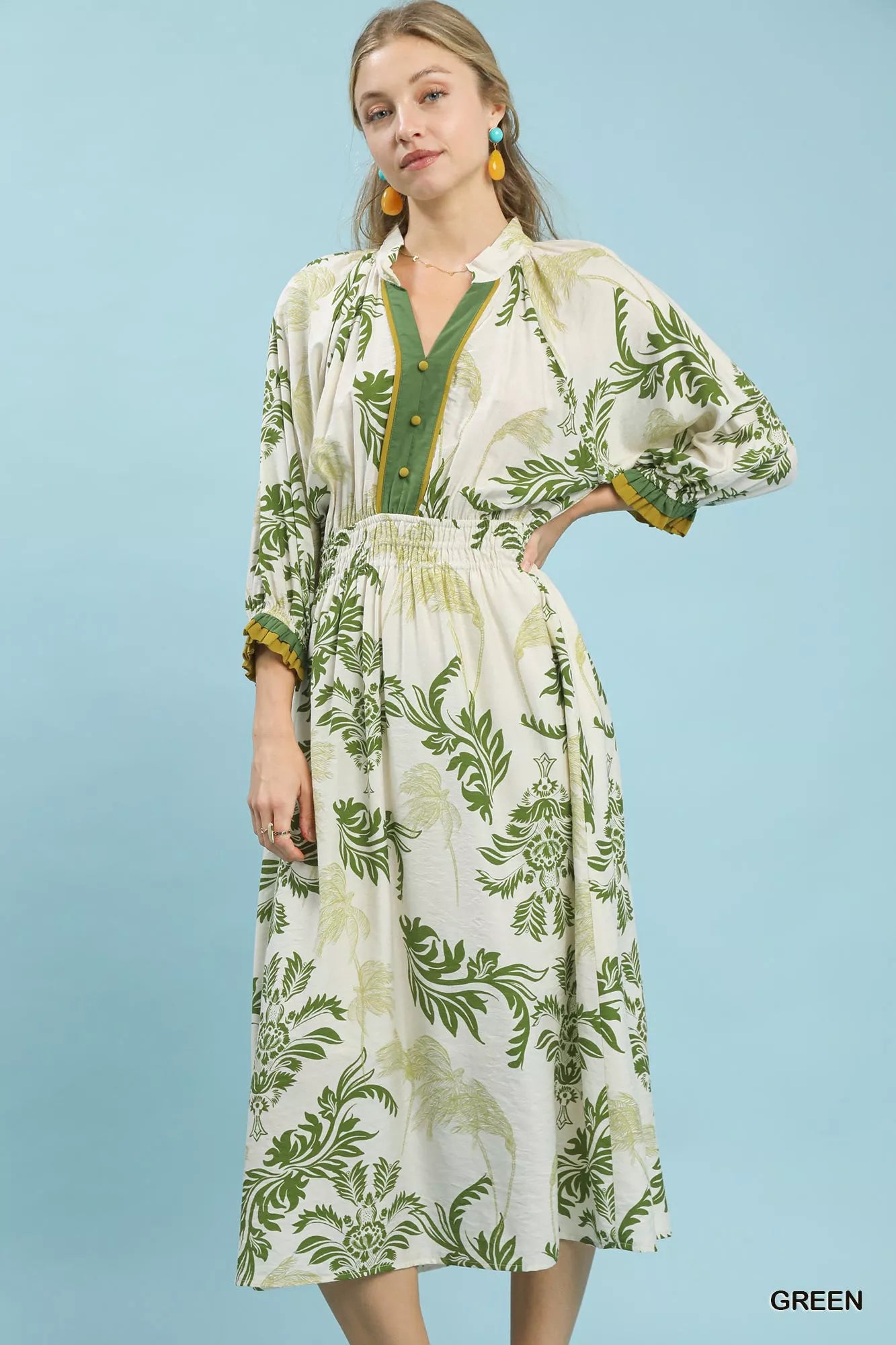 Umgee Tropical Print Button Detail Midi Dress d158785f-1bae-450d-be60-70cc7d892bb6-Max-Origin
