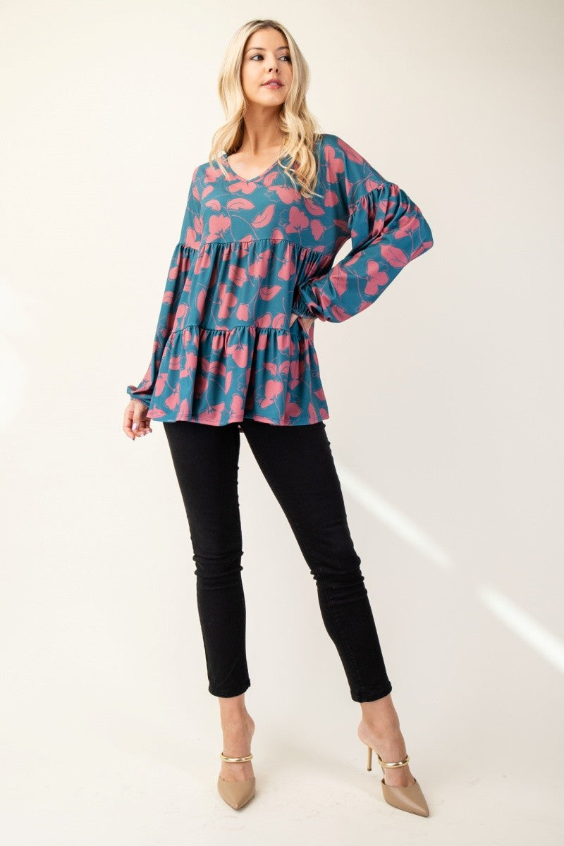 Celeste Full Size Tiered Floral V-Neck Long Sleeve Blouse Celeste Full Size Tiered Floral V-Neck Long Sleeve Blouse
