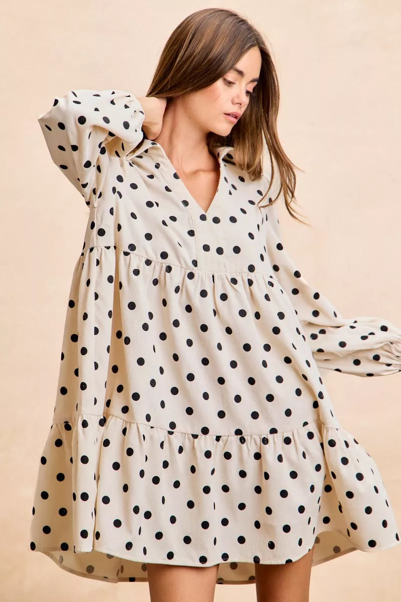 BiBi Polka Dot Corduroy Collared V Neck Dress d174fe366f274cd2957cb29b1ed310a2-Max-Origin