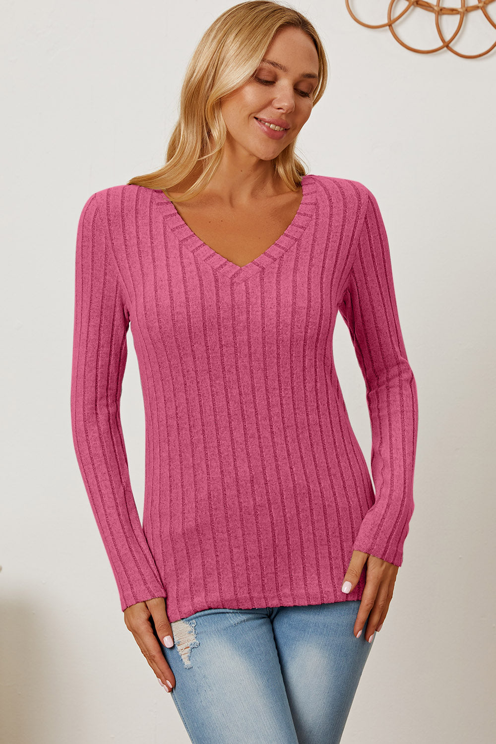 Basic Bae Full Size Ribbed V-Neck Long Sleeve T-Shirt Basic Bae Full Size Ribbed V-Neck Long Sleeve T-Shirt - TopFashionHQ
