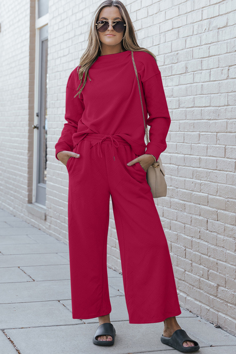 Double Take Full Size Textured Long Sleeve Top and Drawstring Pants Set Double Take Full Size Textured Long Sleeve Top and Drawstring Pants Set - TopFashionHQ