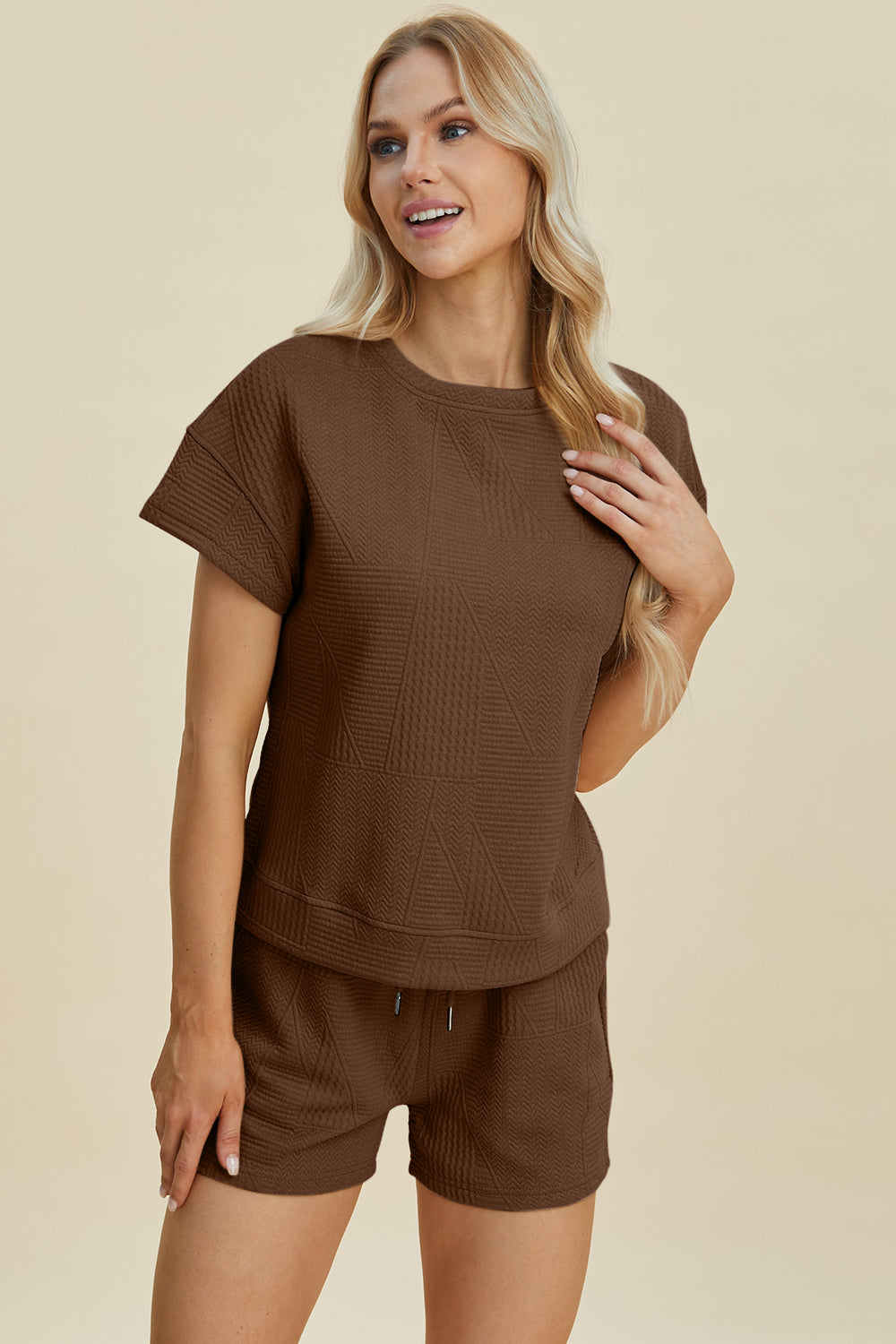 Double Take Full Size Texture Short Sleeve Top and Shorts Set Double Take Full Size Texture Short Sleeve Top and Shorts Set