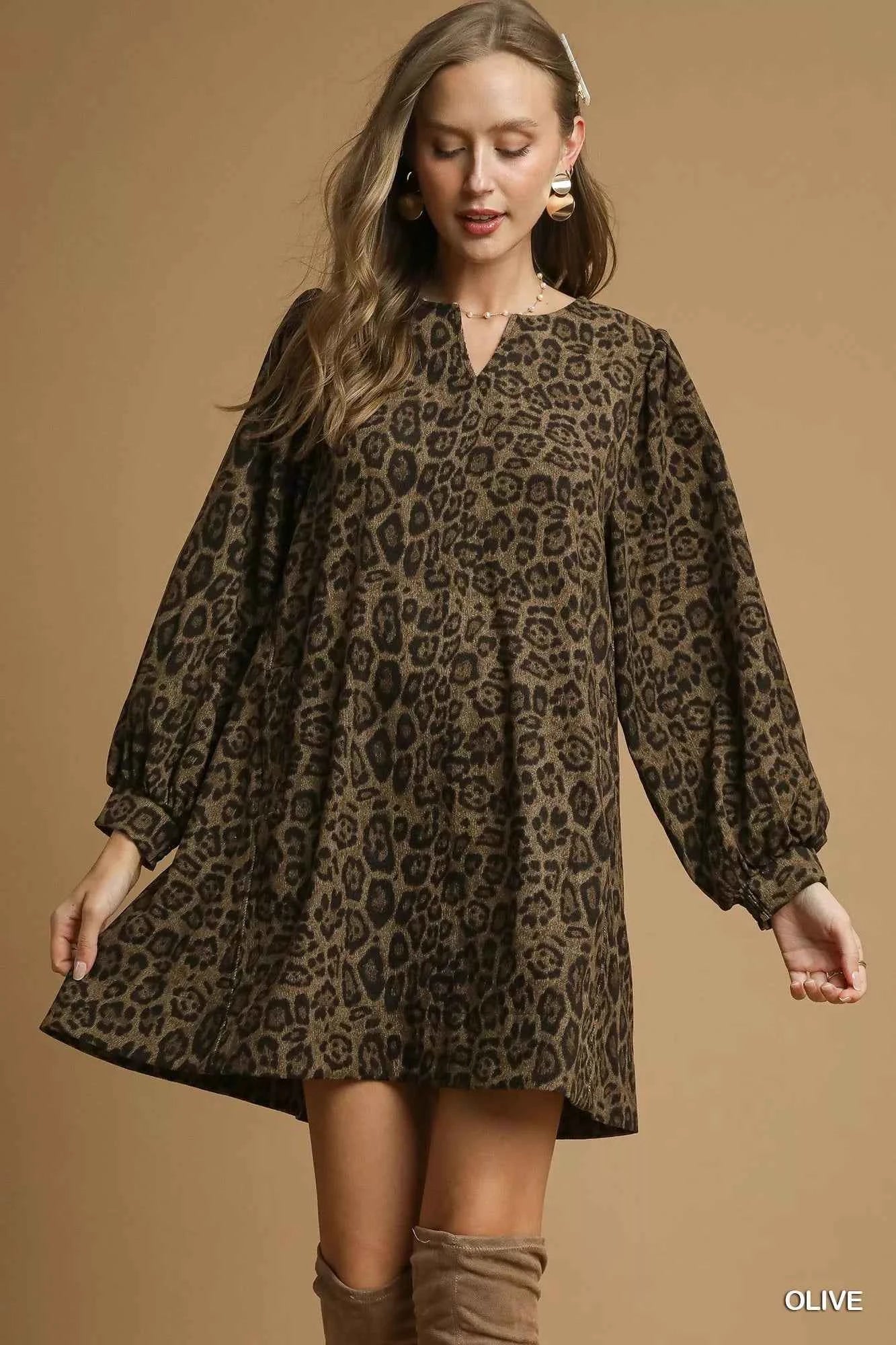 Umgee Leopard Print Long Sleeve Swing Dress Umgee Leopard Print Long Sleeve Swing Dress