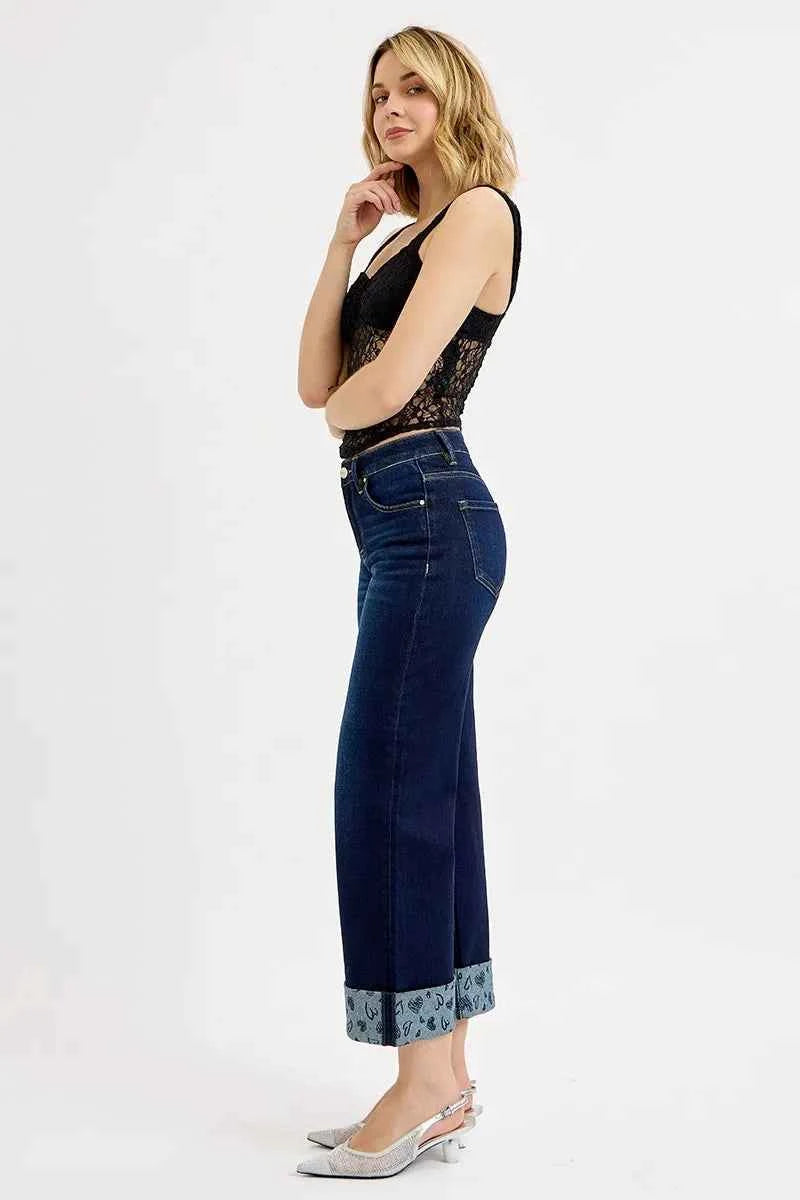RISEN Full Size Mid Rise Fit Crop Wide With Printed Cuff Jeans Plus Size RISEN Full Size Mid Rise Fit Crop Wide With Printed Cuff Jeans Plus Size