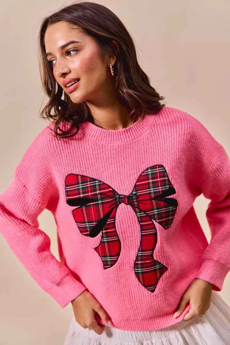 SO ME Checker Plaid Ribbon Christmas Holiday Sweater SO ME Checker Plaid Ribbon Christmas Holiday Sweater