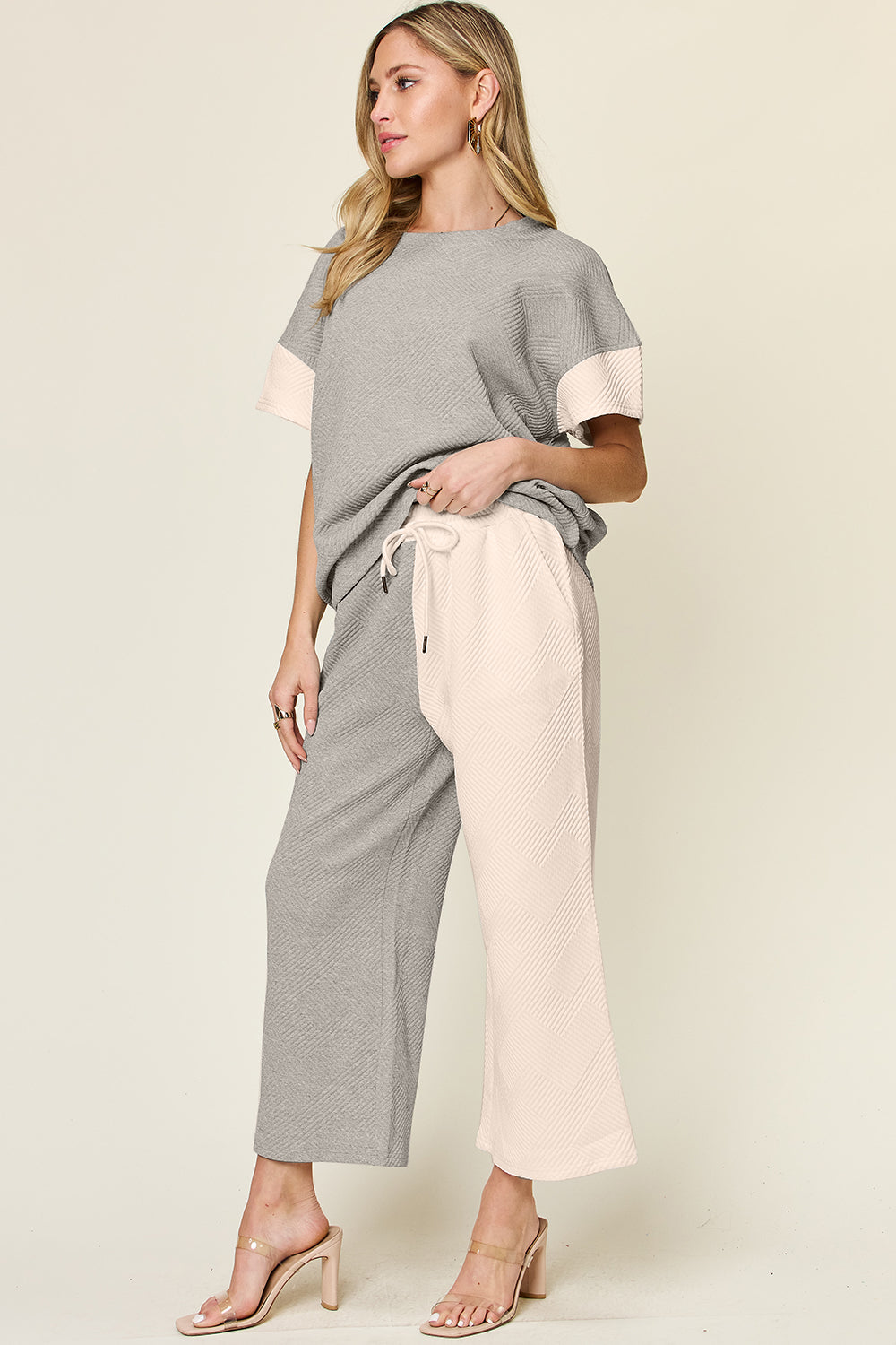 Double Take Full Size Texture Contrast T-Shirt and Wide Leg Pants Set Double Take Full Size Texture Contrast T-Shirt and Wide Leg Pants Set