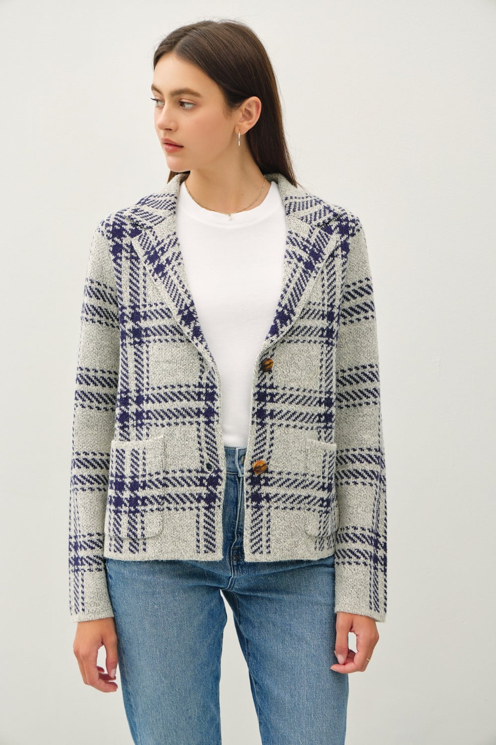 Be Cool Plaid Long Sleeve Sweater Jacket with Front Patch Pockets Be Cool Plaid Long Sleeve Sweater Jacket with Front Patch Pockets